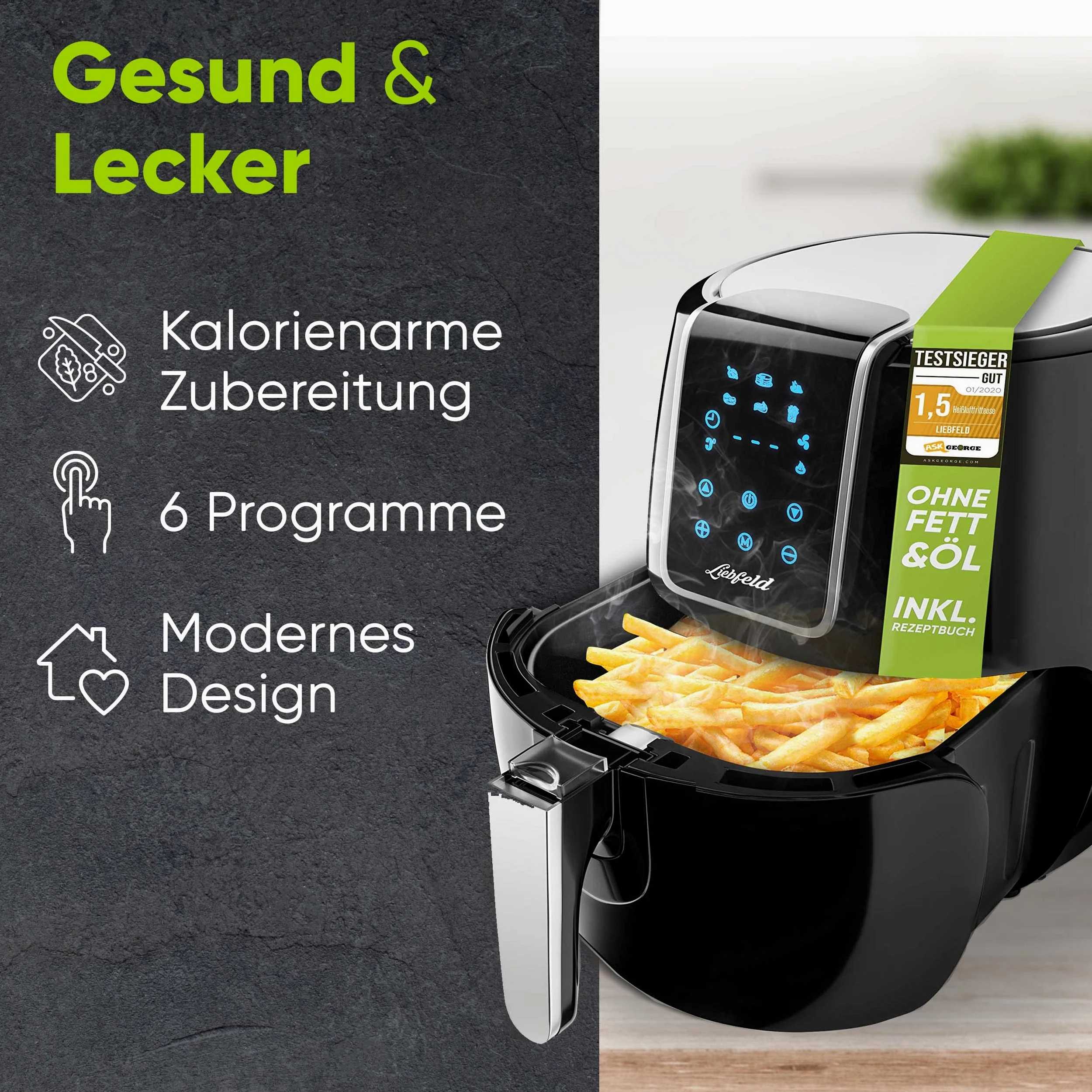 Liebfeld - Kit freidora de aire caliente [1800 W] con cesta para pan I Airfryer XXL sin grasa ni aceite I Freidora de aire caliente (XXL)