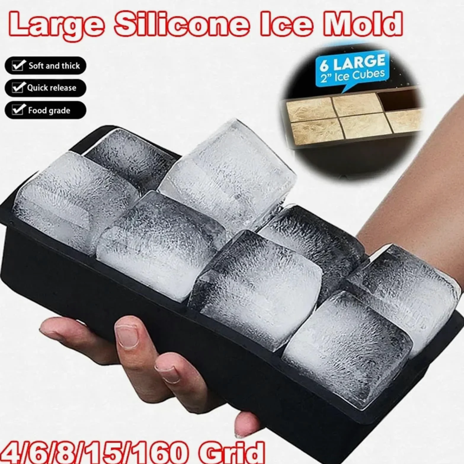 Molde Hielo Molde for bandeja de hielo grande 4/6/8/15/160 cuadrículas, gigante, jumbo, silicona, cuadrado, for hacer tú mismo