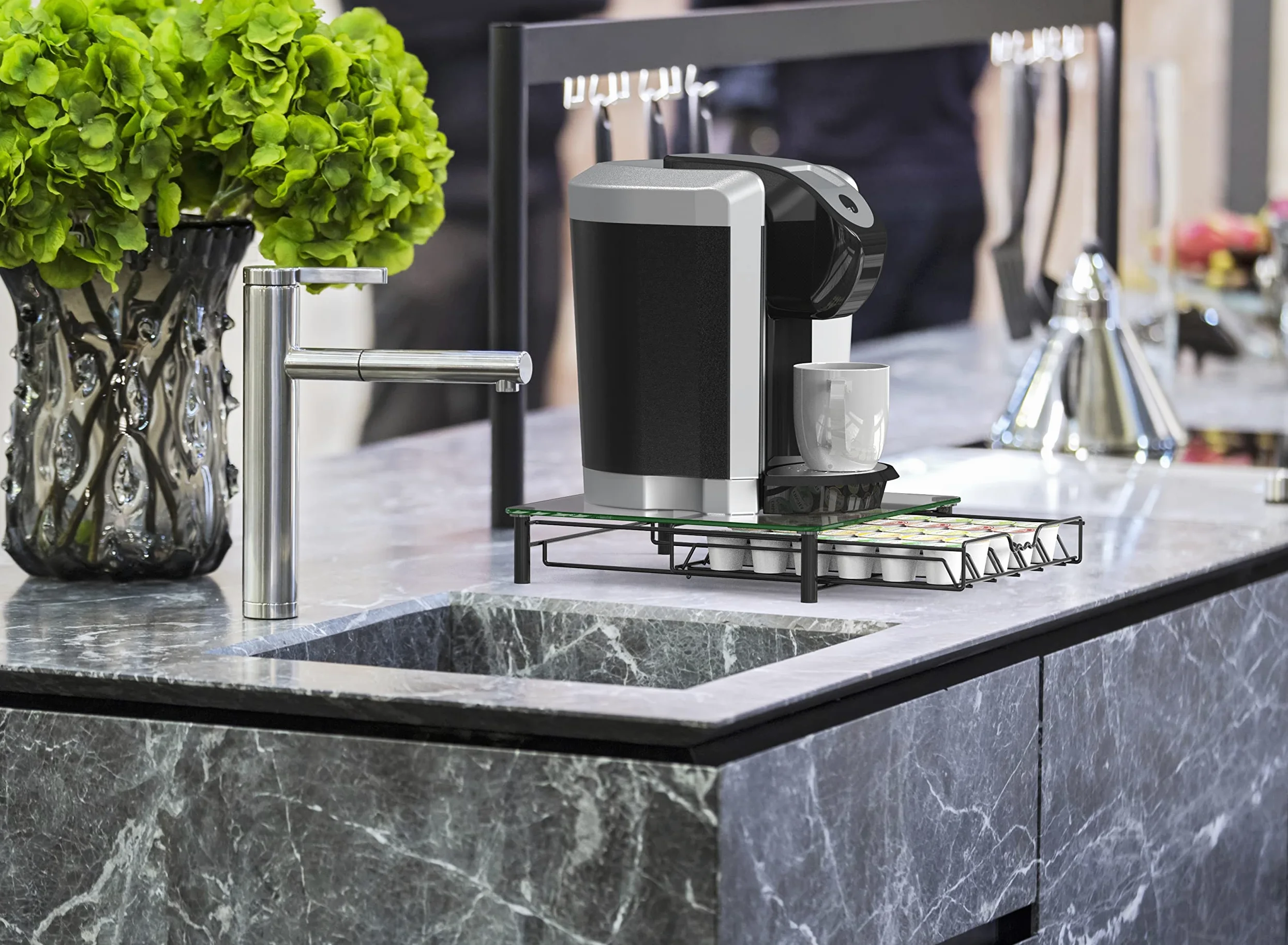 Deco Brothers Cajón de cristal templado para guardar 30 cápsulas de café, color negro