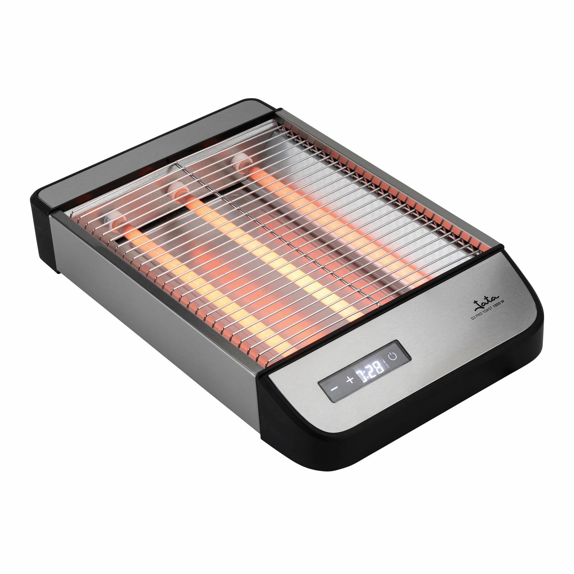 JATA JETT1590 - Tostadora Horizontal Digital, Tostador de Pan 1000W con Control Táctil, 6 Niveles de Tostado, Barras de Cuarzo, Bandeja Recogemigas Extraíble, Ideal para Pan, Bollería y Repostería