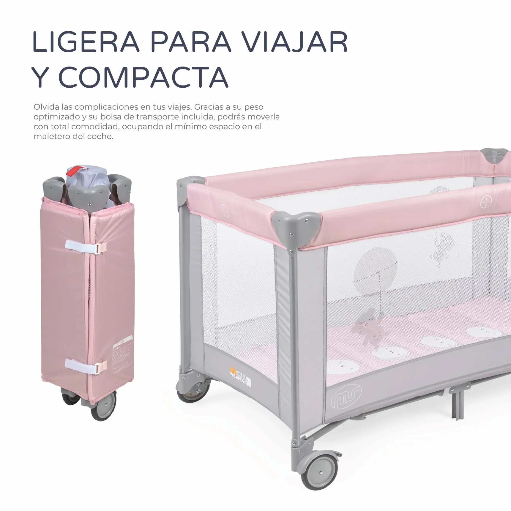 BabyWorld Basic Cuna de Viaje 120x60 cm 0+ Meses 15 kg Colchón Bolsa Transporte Incluidos Rosa