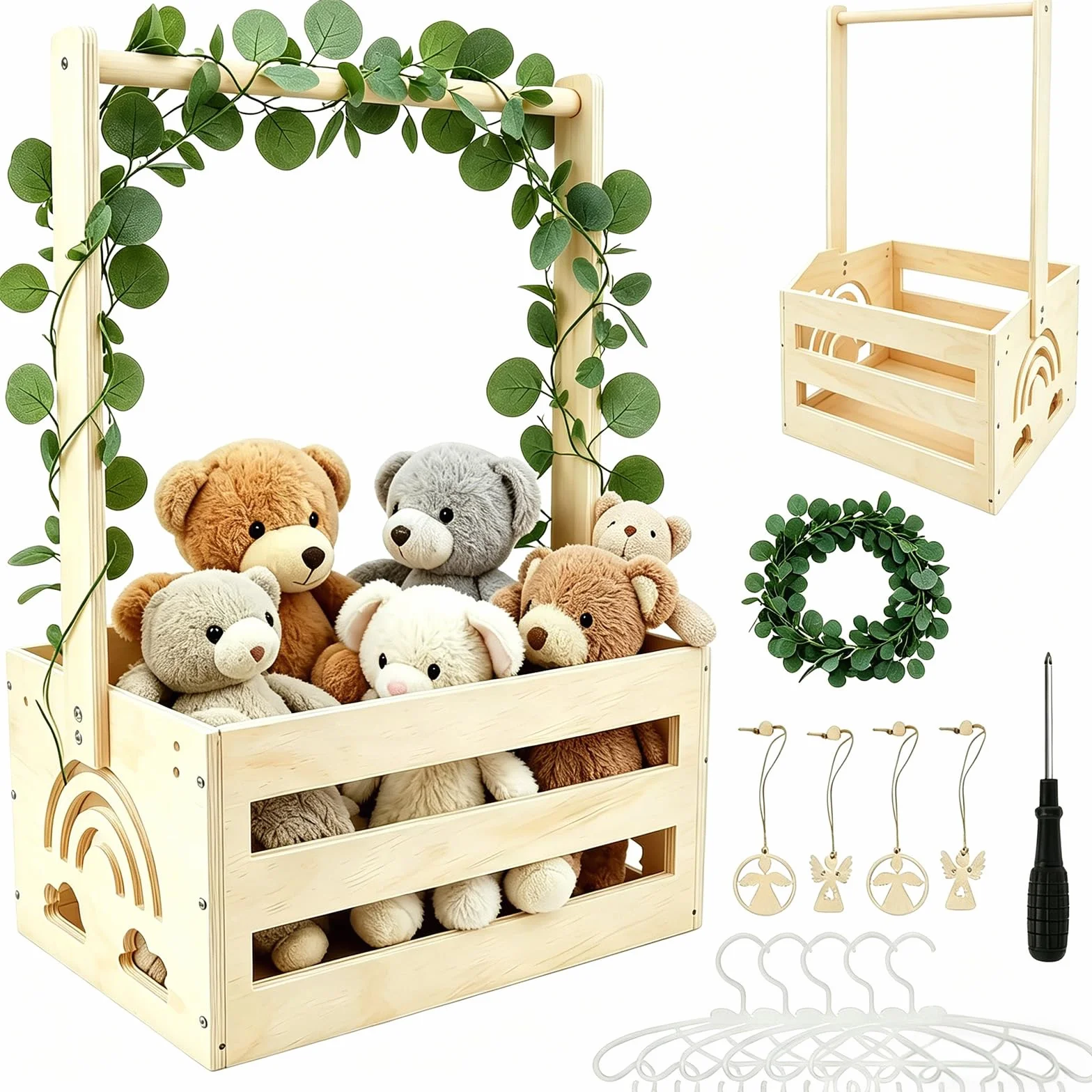 Cesta de Madera para Bebé con Asa, Regalo Baby Shower, Armario Práctico