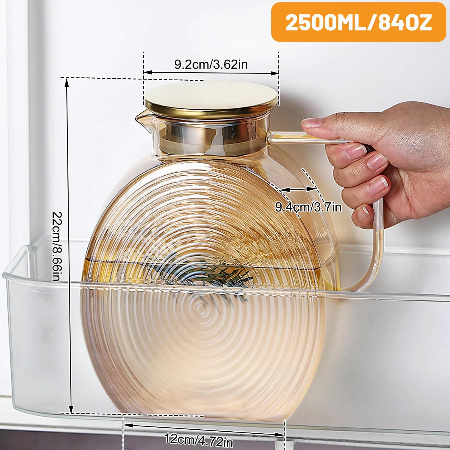 Jarra de agua de 2,2 litros de vidrio de borosilicato, jarra de agua con tapa de acero inoxidable, a prueba de fugas para bebidas caseras/café/leche/té helado/vino/jugo
