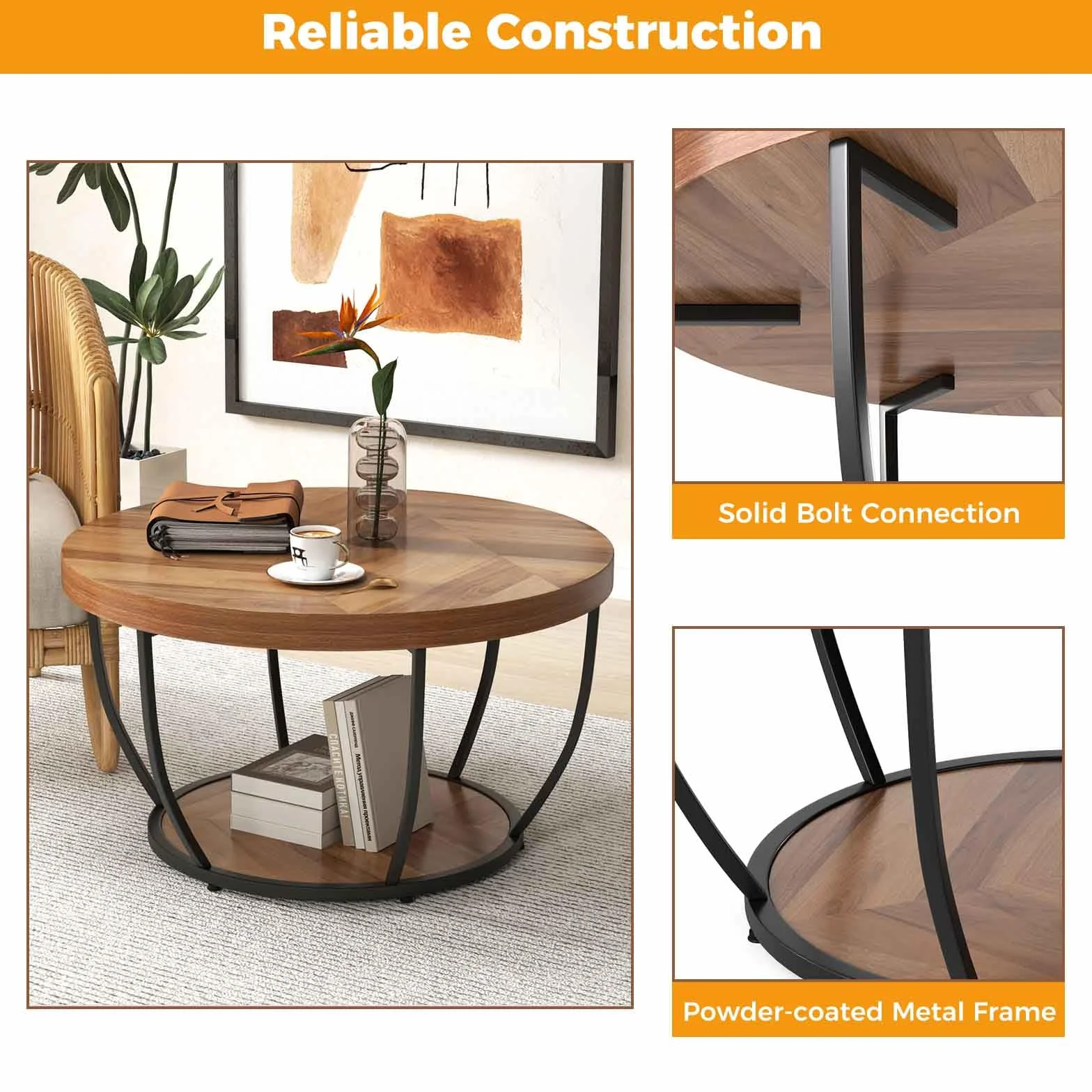 LIFEZEAL Mesa de Centro Redonda, Mesa de café de 2 Niveles con Estructura de Metal, Mueble de sofá para salón, 80 x 80 cm, Estilo Industrial (Natural)