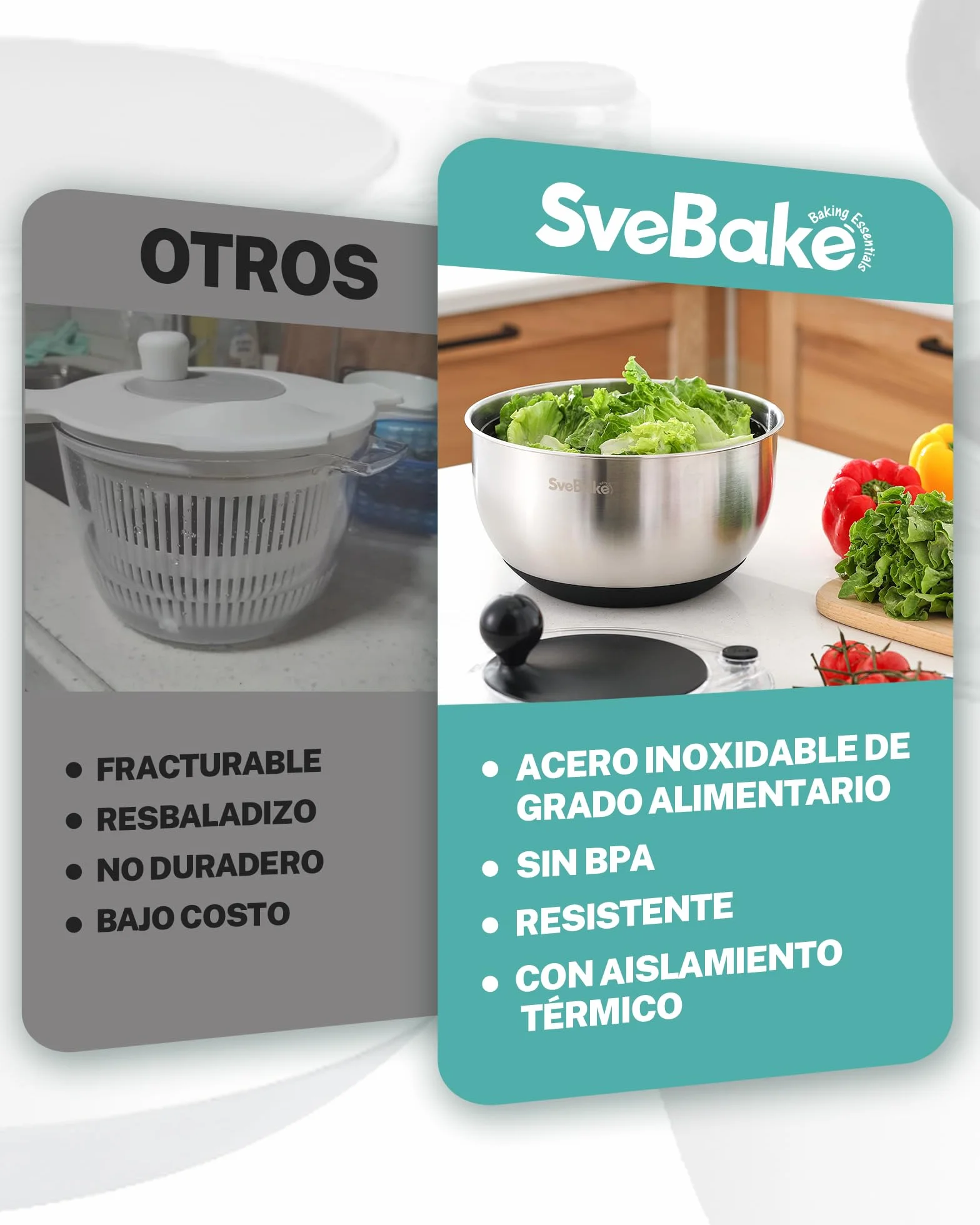SveBake Centrifugadora Lechuga Acero Inoxidable con Botón de Parada, 5.3L Escurridor Verduras con Base Antideslizante, Escurridor Ensalada Sin BPA