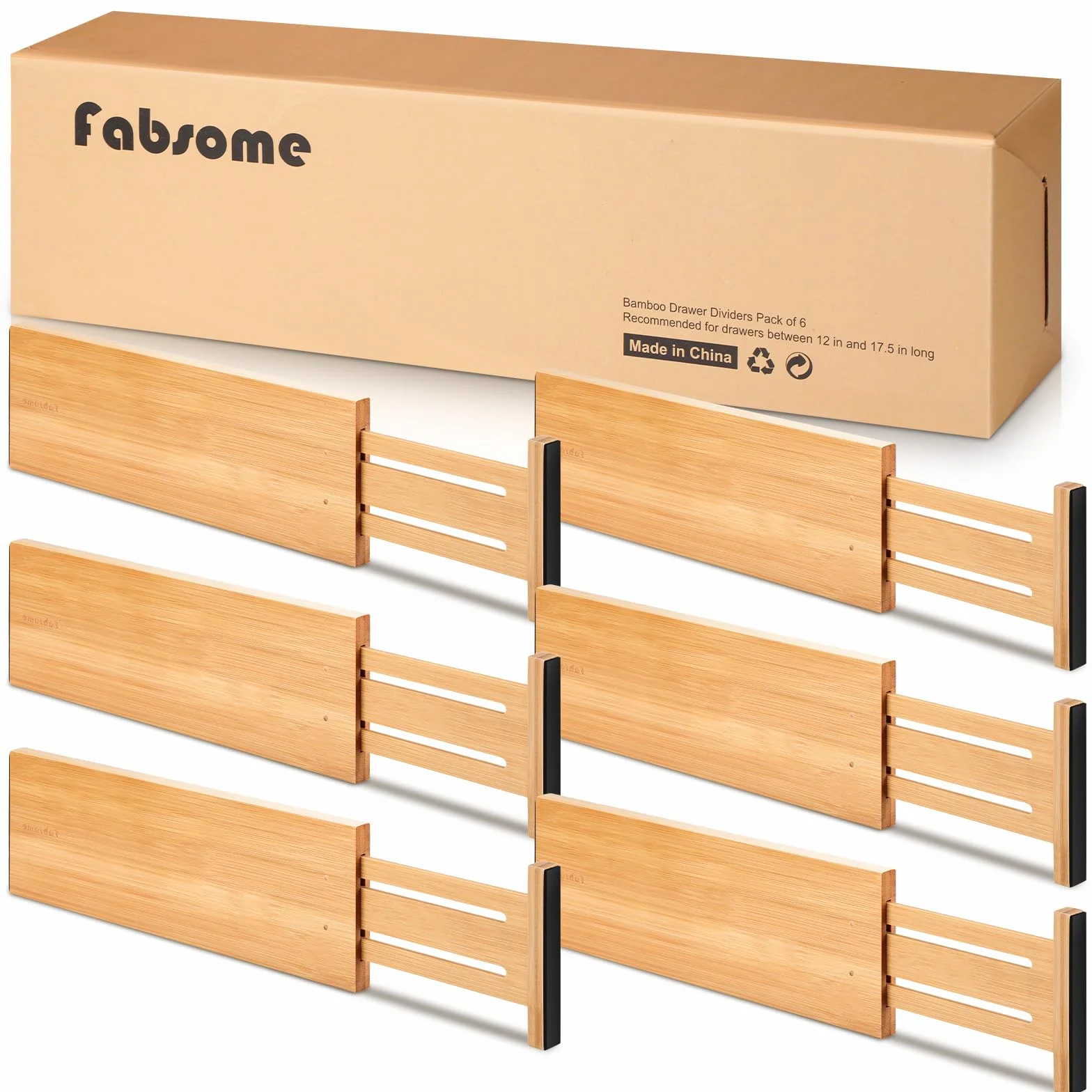 Fabsome Organizadores de cajones de tocador, paquete de 6 unidades, 4.65 pulgadas de alto, ajustables de 17 a 22 pulgadas, separadores de cajones de bambú para ropa de bebé, separadores de madera para