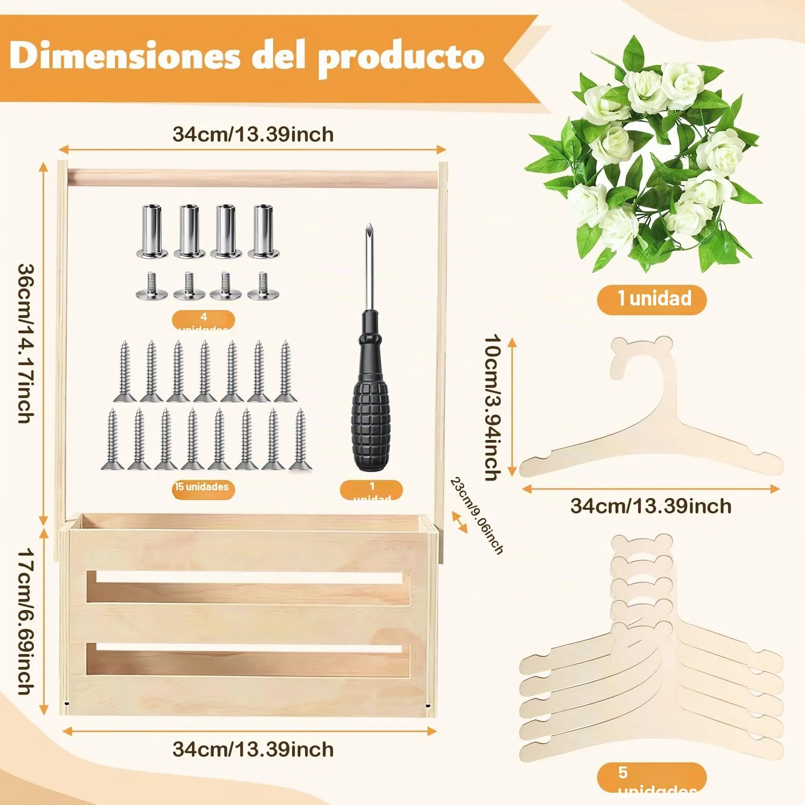 Cesta de Madera para Baby Shower con 6 Colgadores y Guirnalda Floral | Set Completo para Recién Nacidos