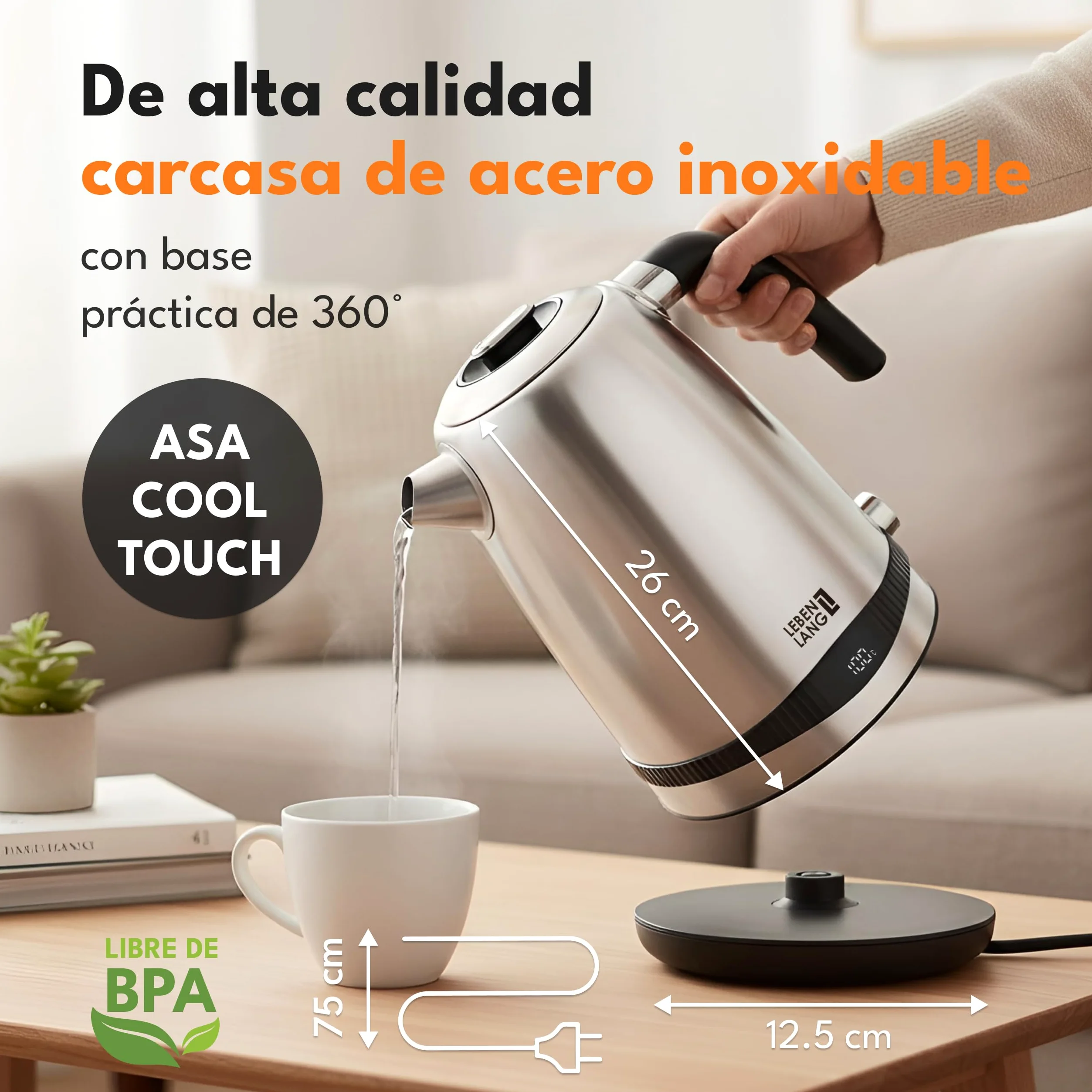 LEBENLANG Hervidor de agua de acero inoxidable con ajuste de temperatura - silencioso, con indicación de temperatura y función de mantenimiento del calor - 1,7l y 2200W | Hervidor de agua eléctrico | Silencioso, con indicación de temperatura y función de
