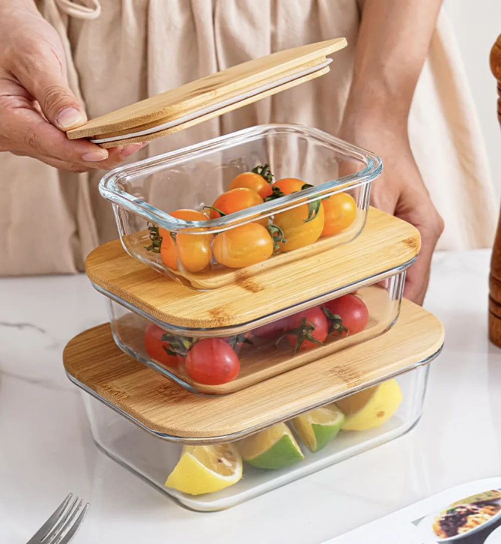 Vellichor Europe Recipientes de vidrio para almacenamiento de alimentos con tapas herméticas de bambú, juego de 3, ecológicos, sin plástico, tamaños versátiles, aptos para microondas y horno,