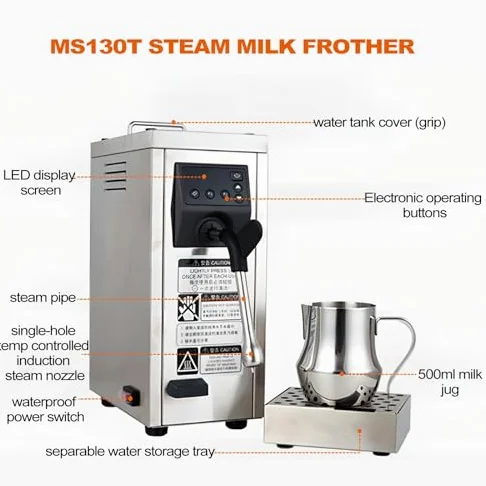 Genérico 1450W Electric Milk Frother Steamer, 800ML Tank & 500ML Jug, Auto Clean, Adjustable Nozzle, Stainless Steel Foam Maker for Cafe, Barista Coffee, Hot Chocolate, Tea Shop Use