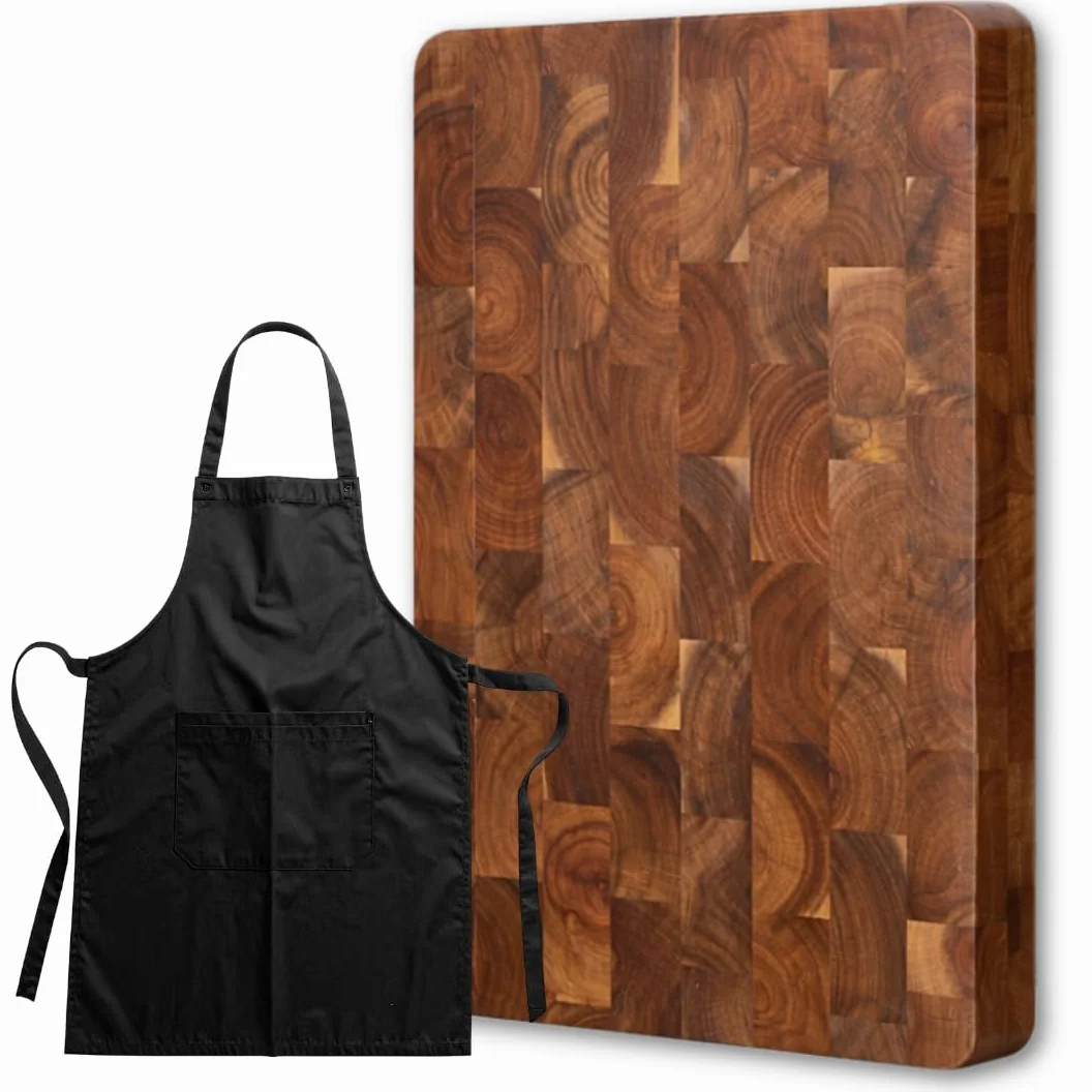 Tabla de Cortar de Madera de Acacia Profesional 36x24x3 cm | Antibacteriana y Resistente | Tabla de Cocina Premium con Asas Laterales | Incluye Delantal Profesional Negro