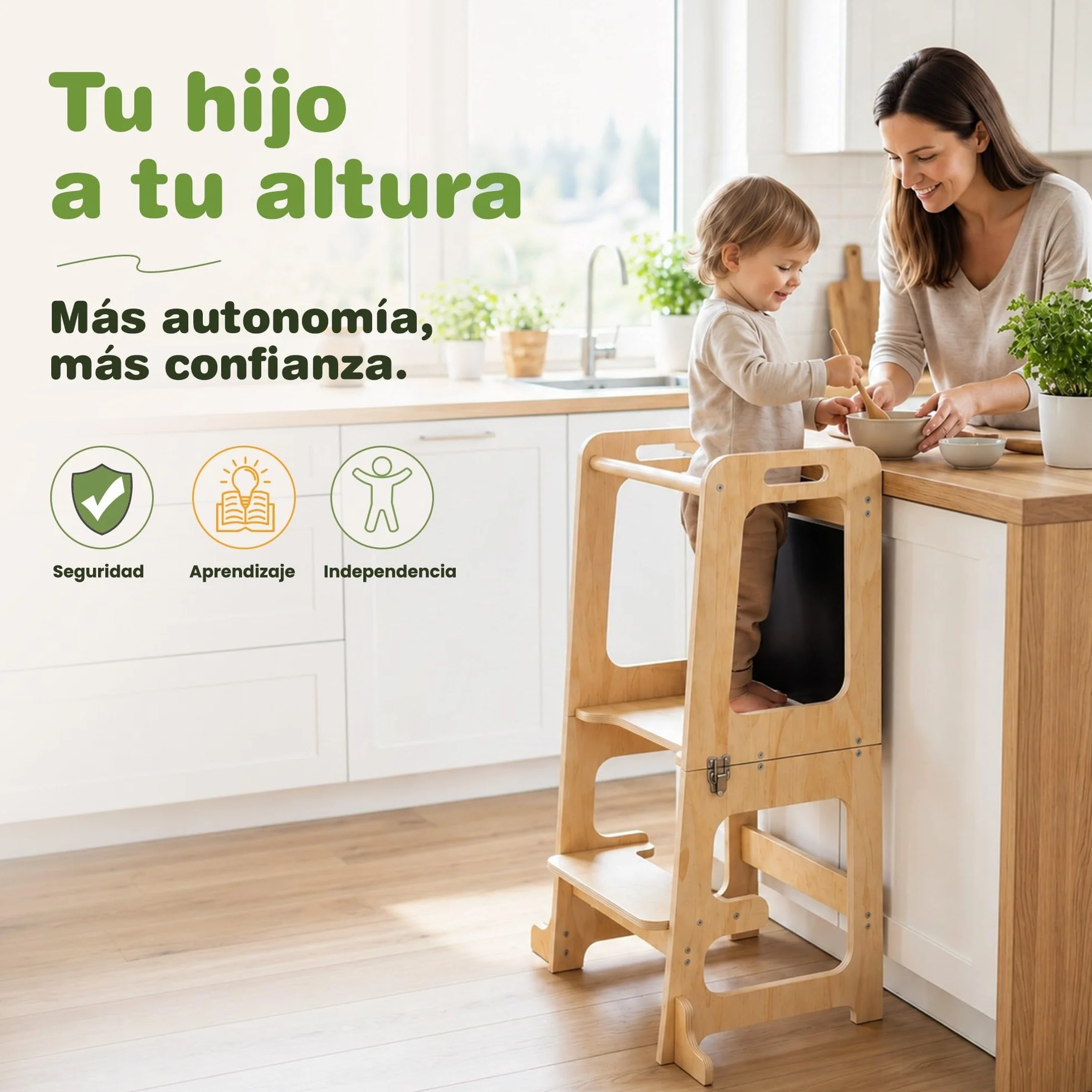 Torre de Aprendizaje Plegable 3 en 1 Madera Natural Mesa Montessori 2 Años