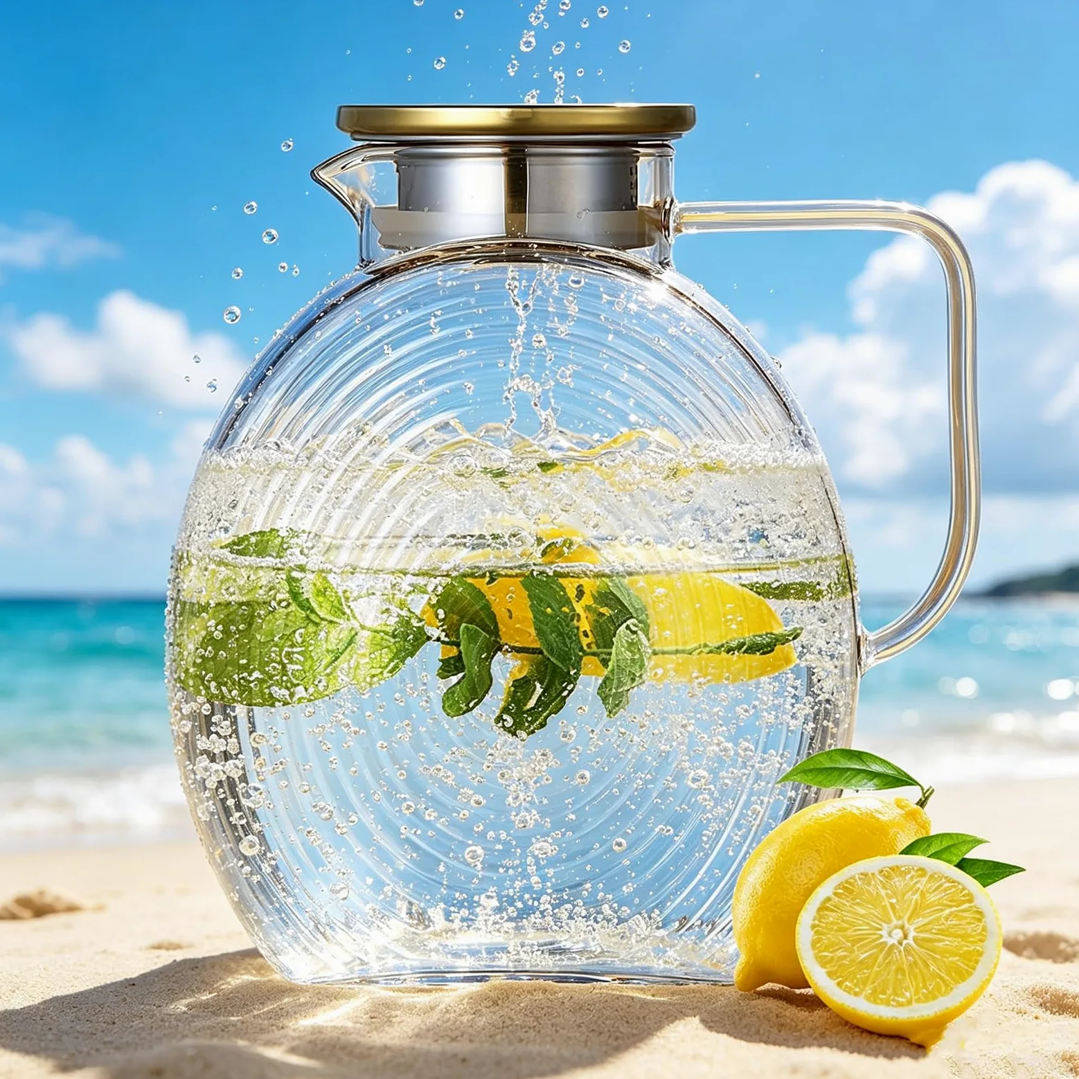Jarra de agua de 2,2 litros de vidrio de borosilicato, jarra de agua con tapa de acero inoxidable, a prueba de fugas para bebidas caseras/café/leche/té helado/vino/jugo