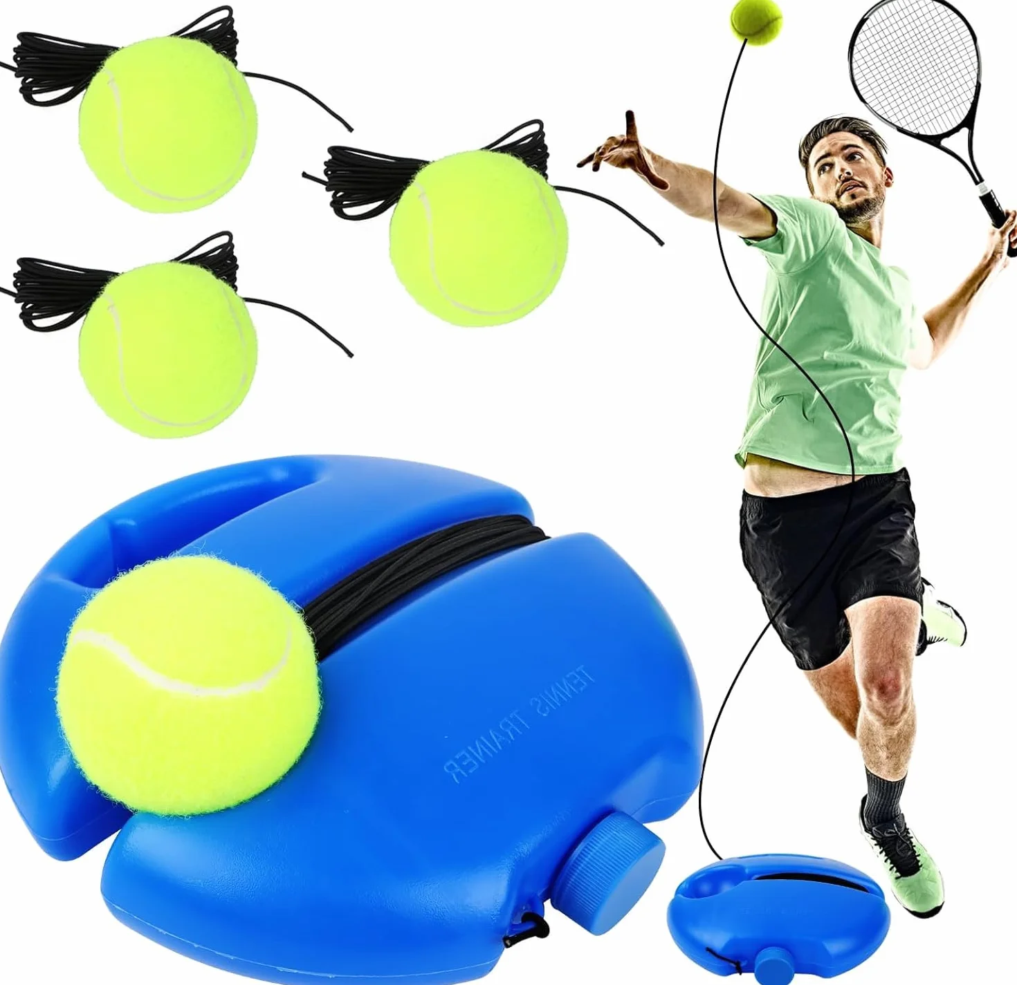 Byffoer Juego de entrenador de tenis, tabla de base con 2 pelotas de rebote, banda de goma, pelota de entrenamiento, herramienta de entrenamiento de tenis, para adultos, niños, jugadores principiantes