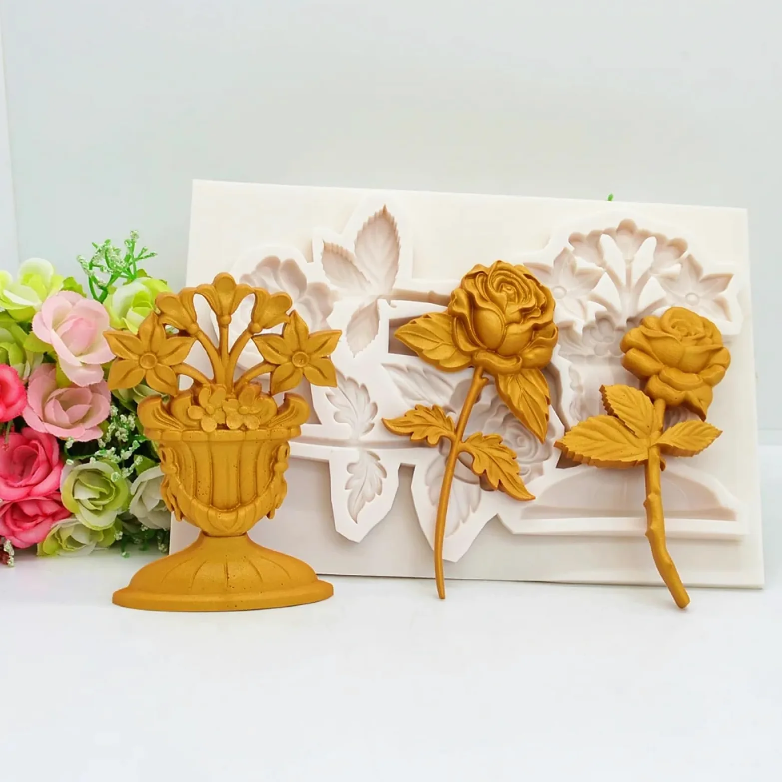 Molde de silicona para hacer fondant, 19,5 x 13 x 1,3 cm, molde de silicona para tartas, herramientas de decoración para hornear rosas, suministros hechos a mano para hacer flores, moldes para fondant