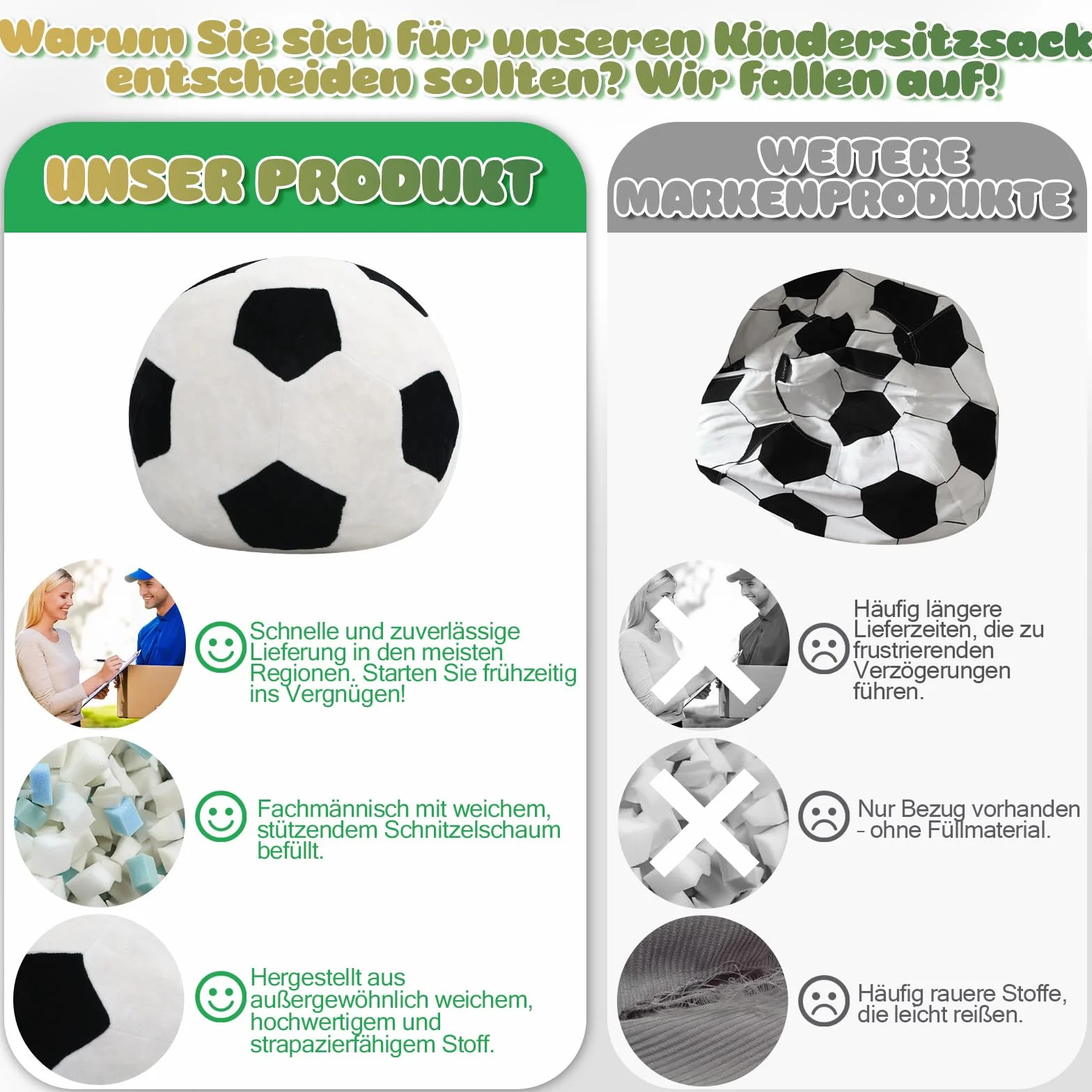 MeMoreCool Puf infantil diseño de fútbol – Suave franela Beanbag con relleno de espuma de alta densidad – Sillón acogedor para niños y niñas en el rincón de la habitación infantil y sala de juegos