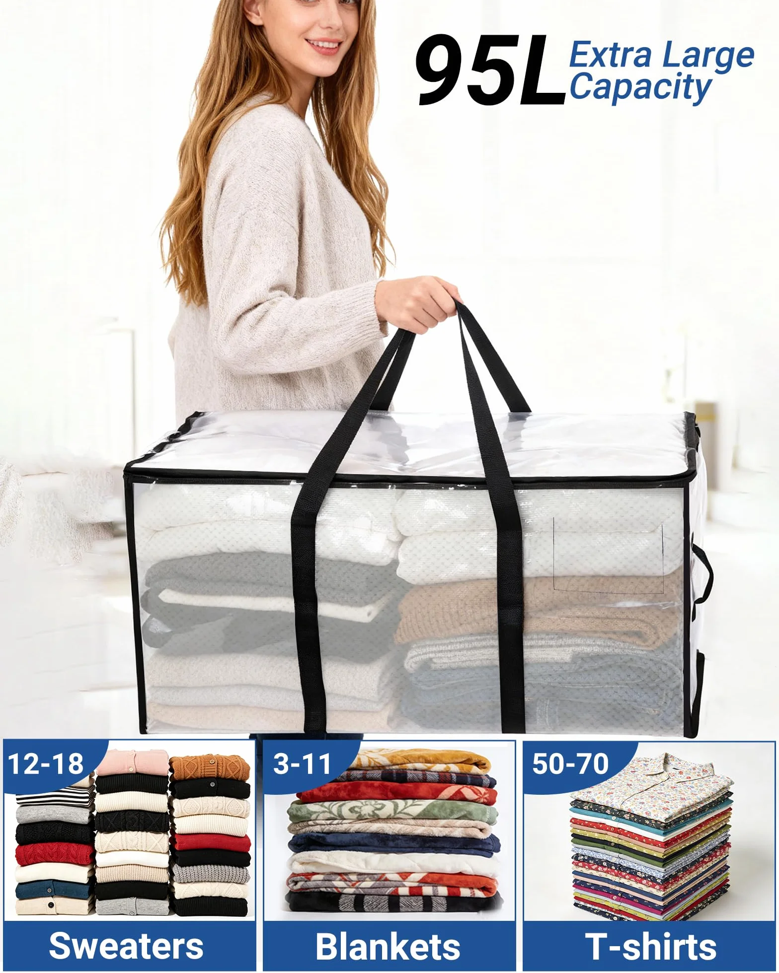 2 Piezas 95L Bolsas de Almacenamiento Grandes con Tapa - Bolsas de Mudanza Transparentes, Organizador de Ropa y Mantas, Impermeable y Plegable para Ropa de Cama, Mudanzas, Hogar y Juguetes