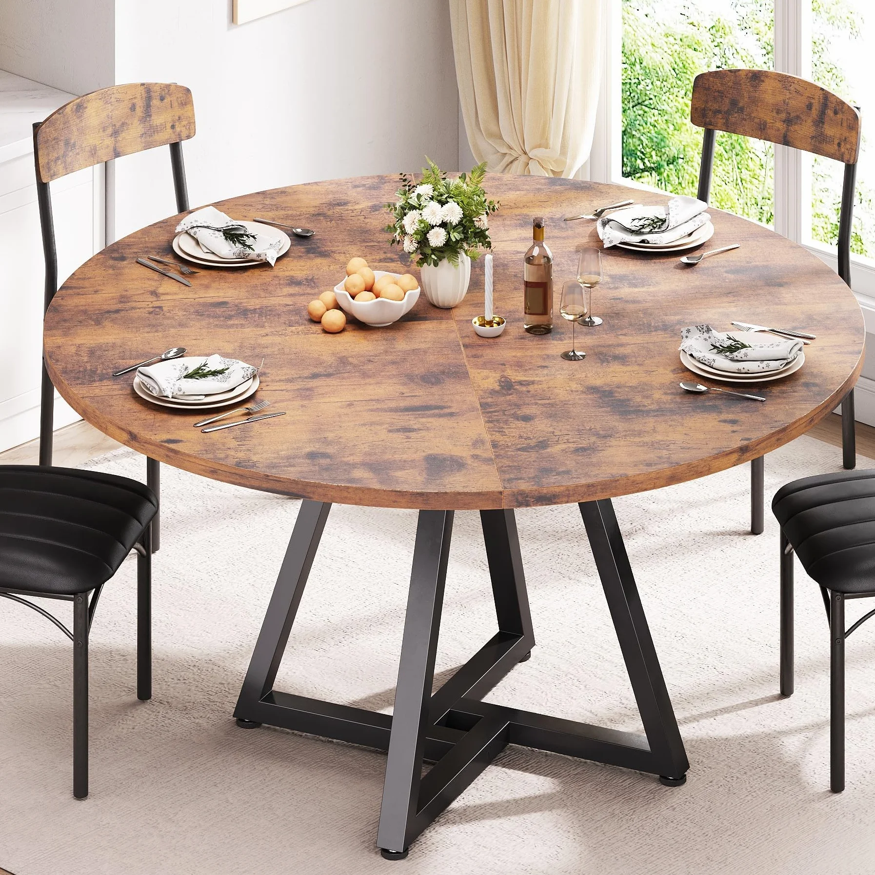 Jocoevol Mesa de Comedor Redonda para 4 Personas, Mesas de Cocina Industrial con Estructura Metálica Estable, Marrón Vintage, 107x107x76 cm