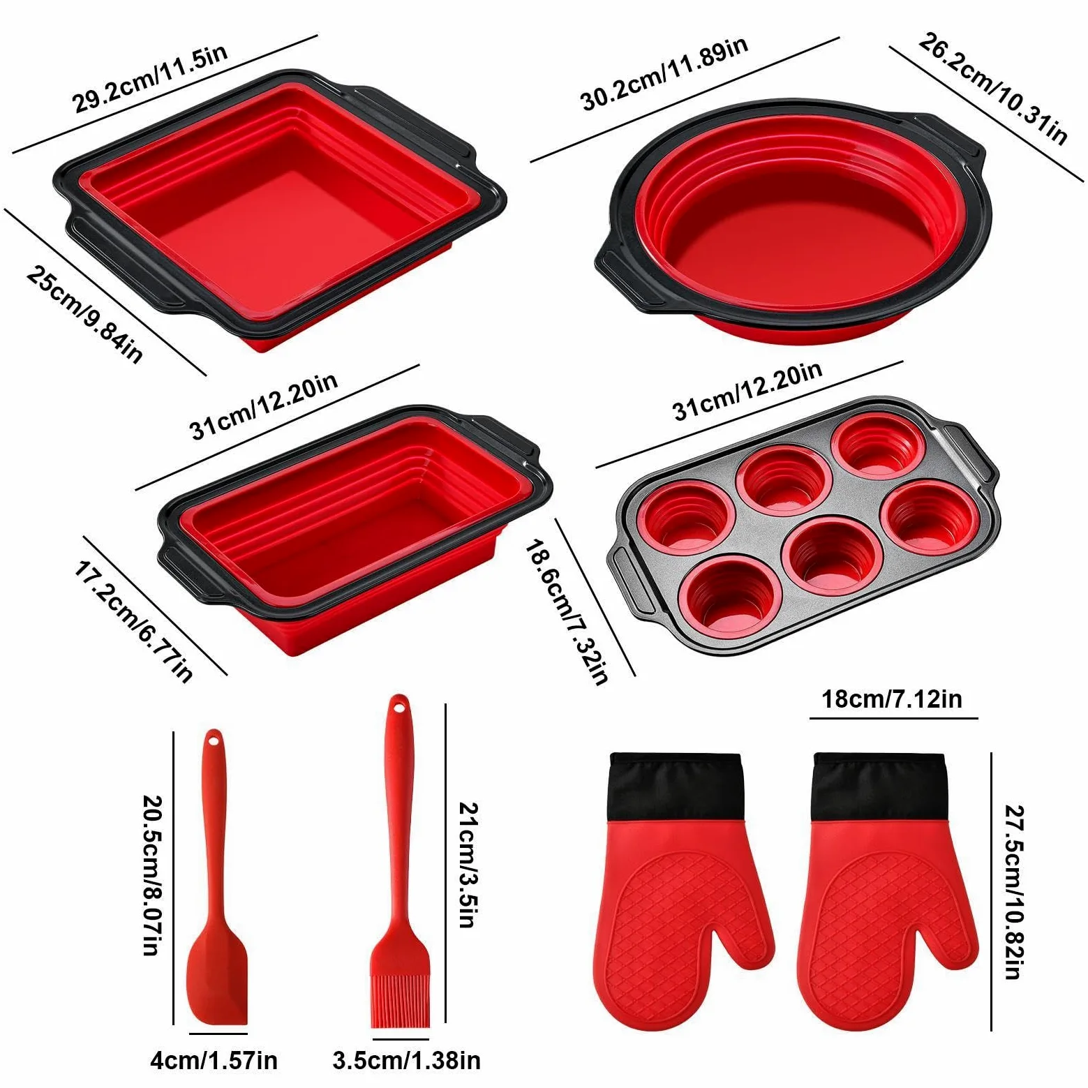 Genérico Molde de Silicona para Hornear Vajilla Flexible para Hornear | Con manoplas, rascador y cepillo, set con molde de silicona de horneado Resistente al Lavavajillas, para Magdalenas, Pan,