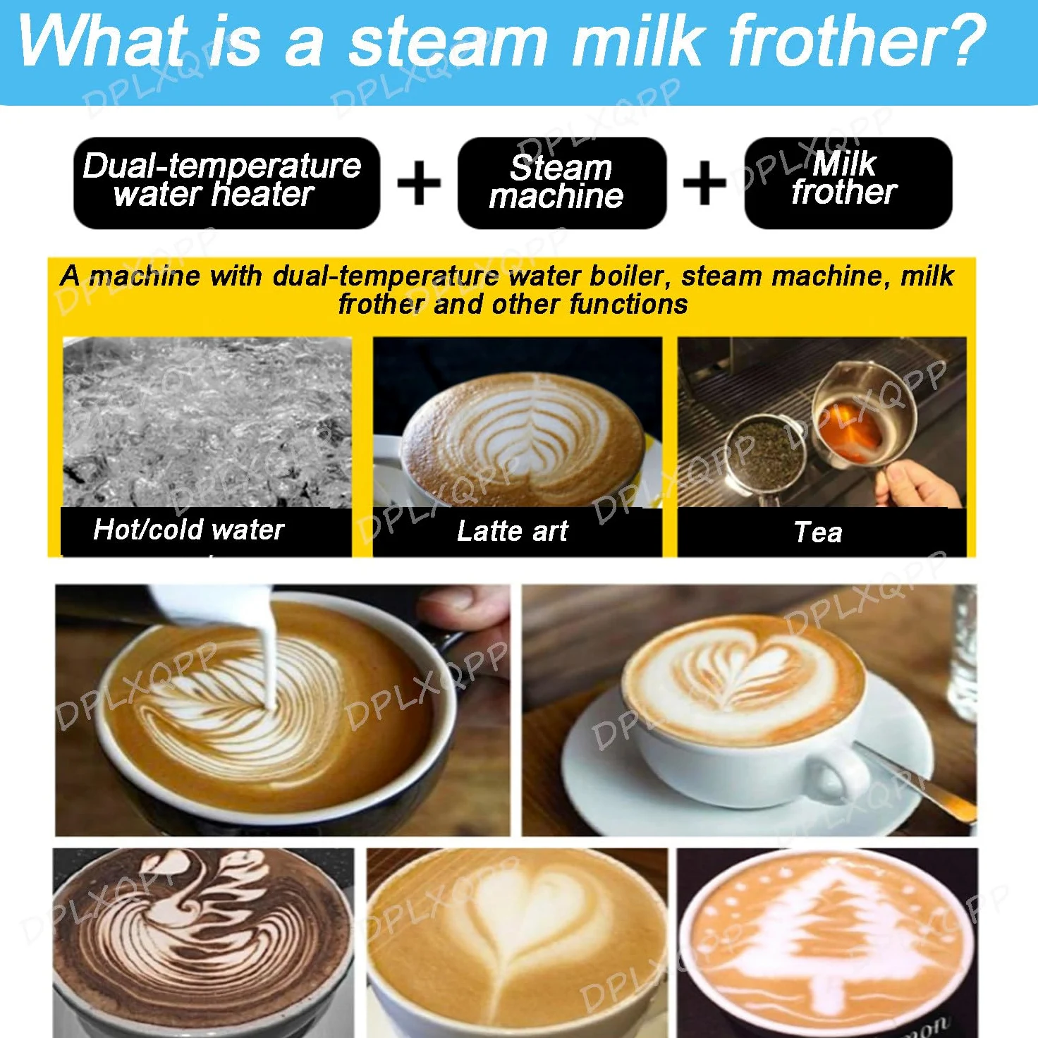 Espumador de leche comercial con sistema de caldera doble, alta potencia, gran capacidad, bandeja de goteo extraíble, boquilla giratoria para tiendas de café y bebidas