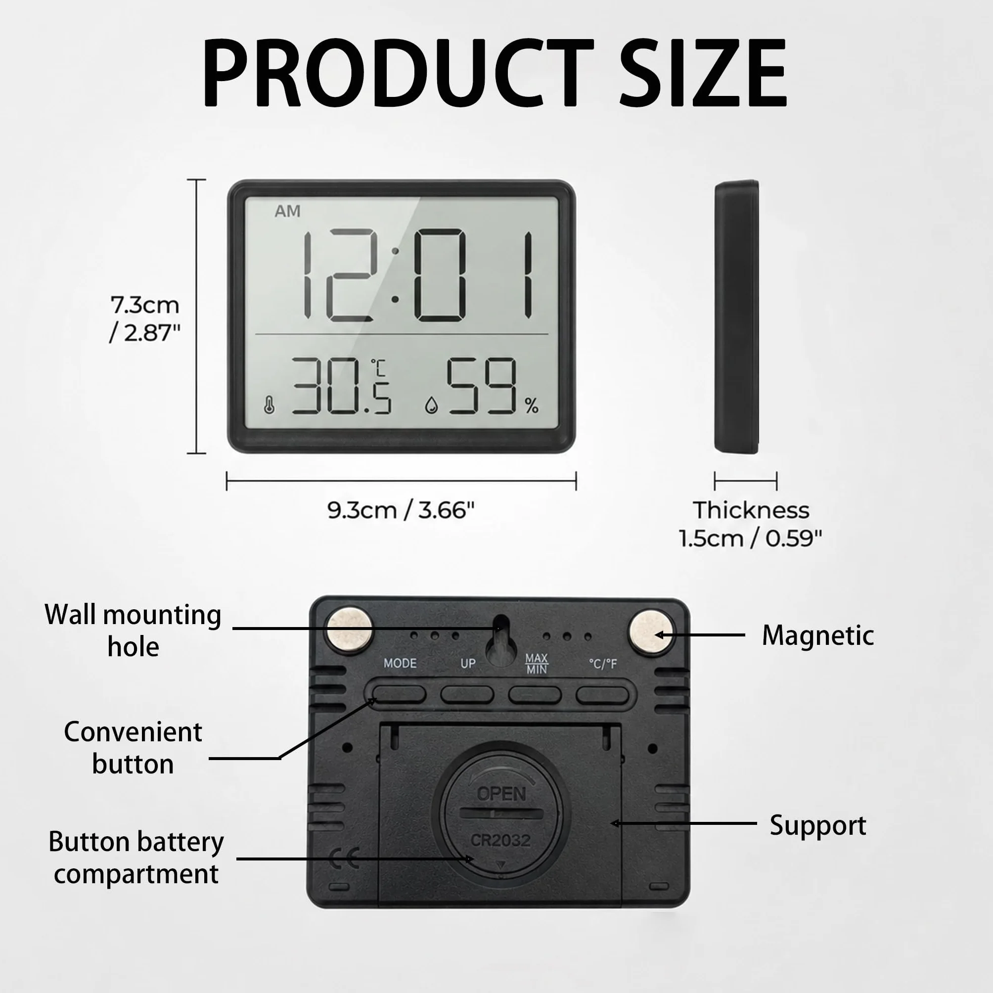 Termohigrómetro Digital LCD, Reloj Despertador con Medidor de Temperatura y Humedad, Reloj 12/24H, Conmutable ℃/℉, Funciona con Batería, Monitor de Clima Interior para Oficina, Escuela, Cocina, Hogar