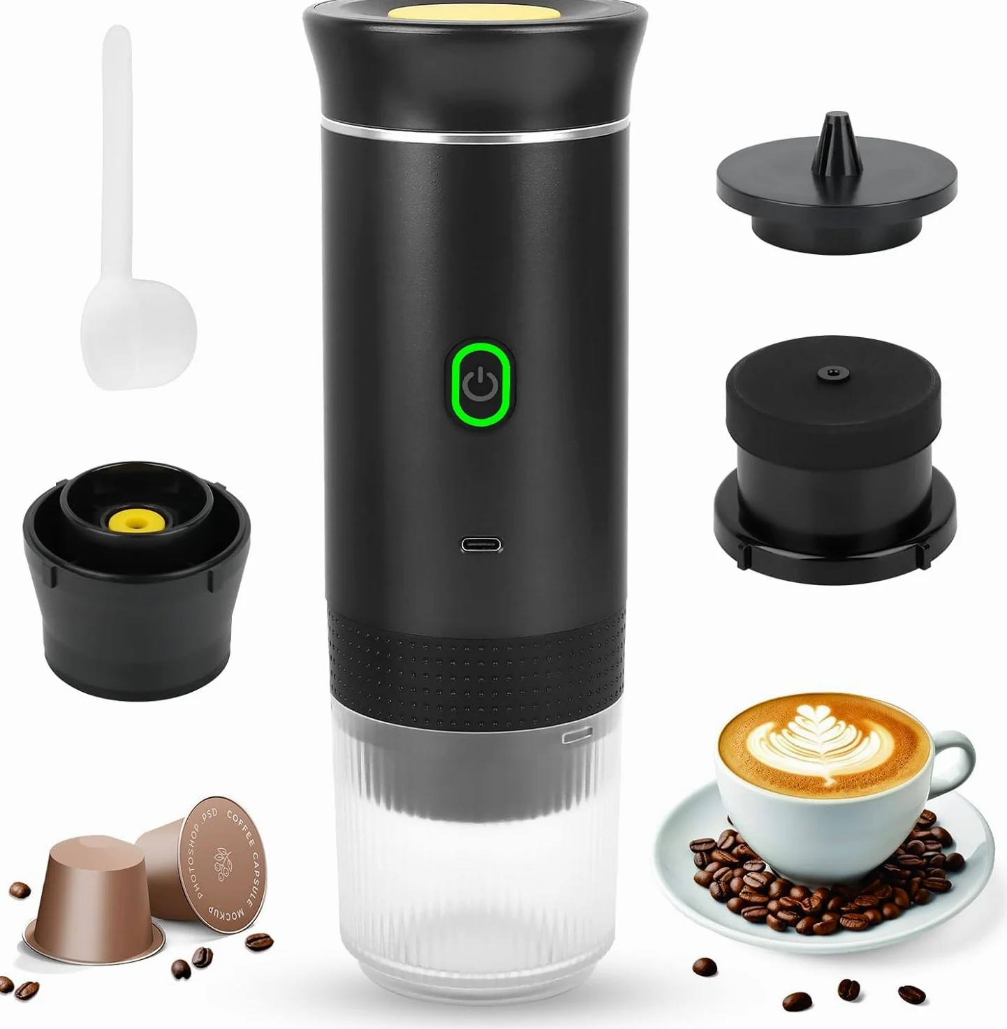 Genérico Cafetera Portátil Cápsulas 3 en 1 – Compatible con Cápsulas Pequeñas y Grandes + Café Molido – Autocalentamiento Rápido – Ideal Viajes, Oficina y Camper. (Negro)