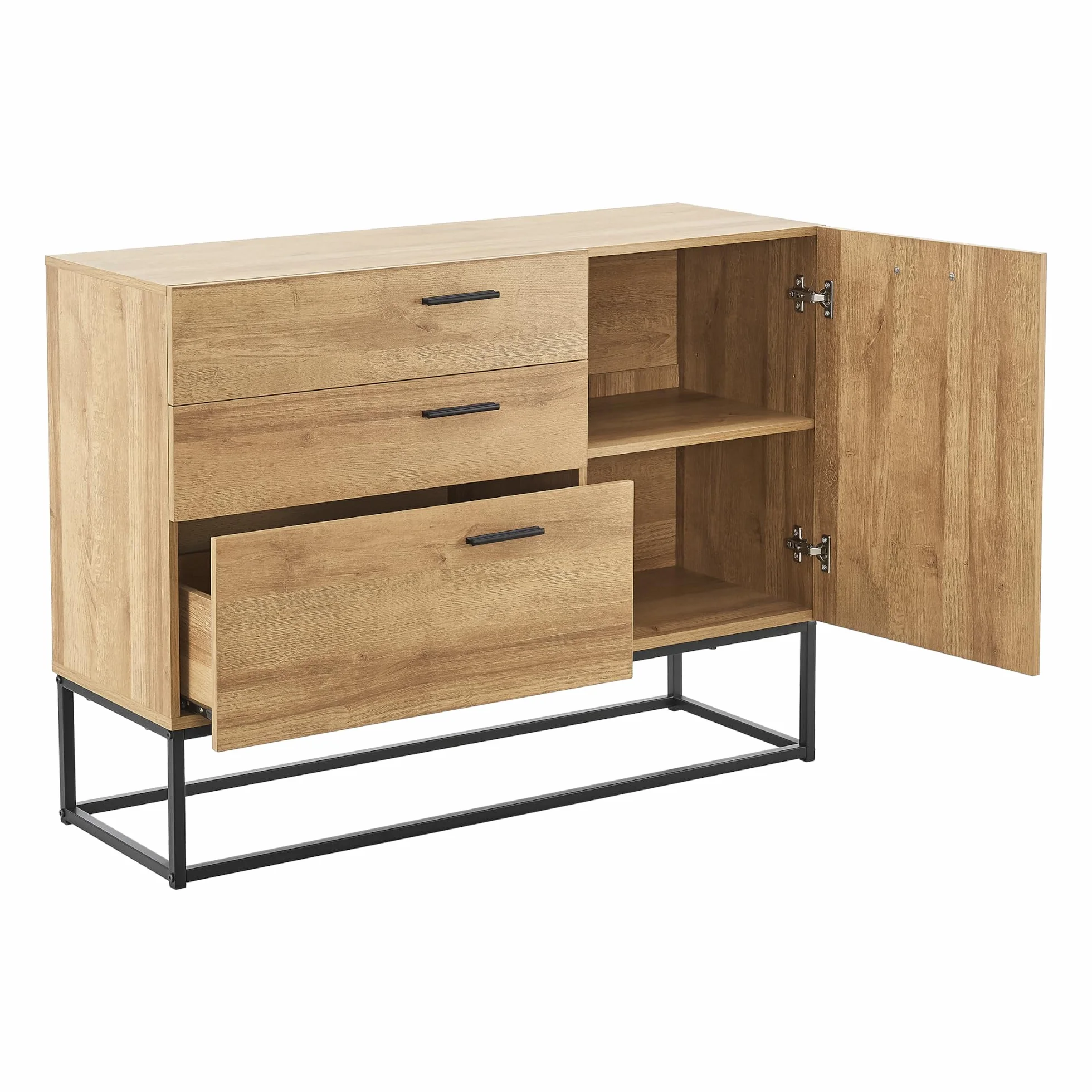 [en.casa] Aparador Lavangen Mueble de Salón con 3 Cajones y 1 Estante Regulable en Altura Estructura de Metal 75 x 100 x 35 cm - Efecto Roble y Negro