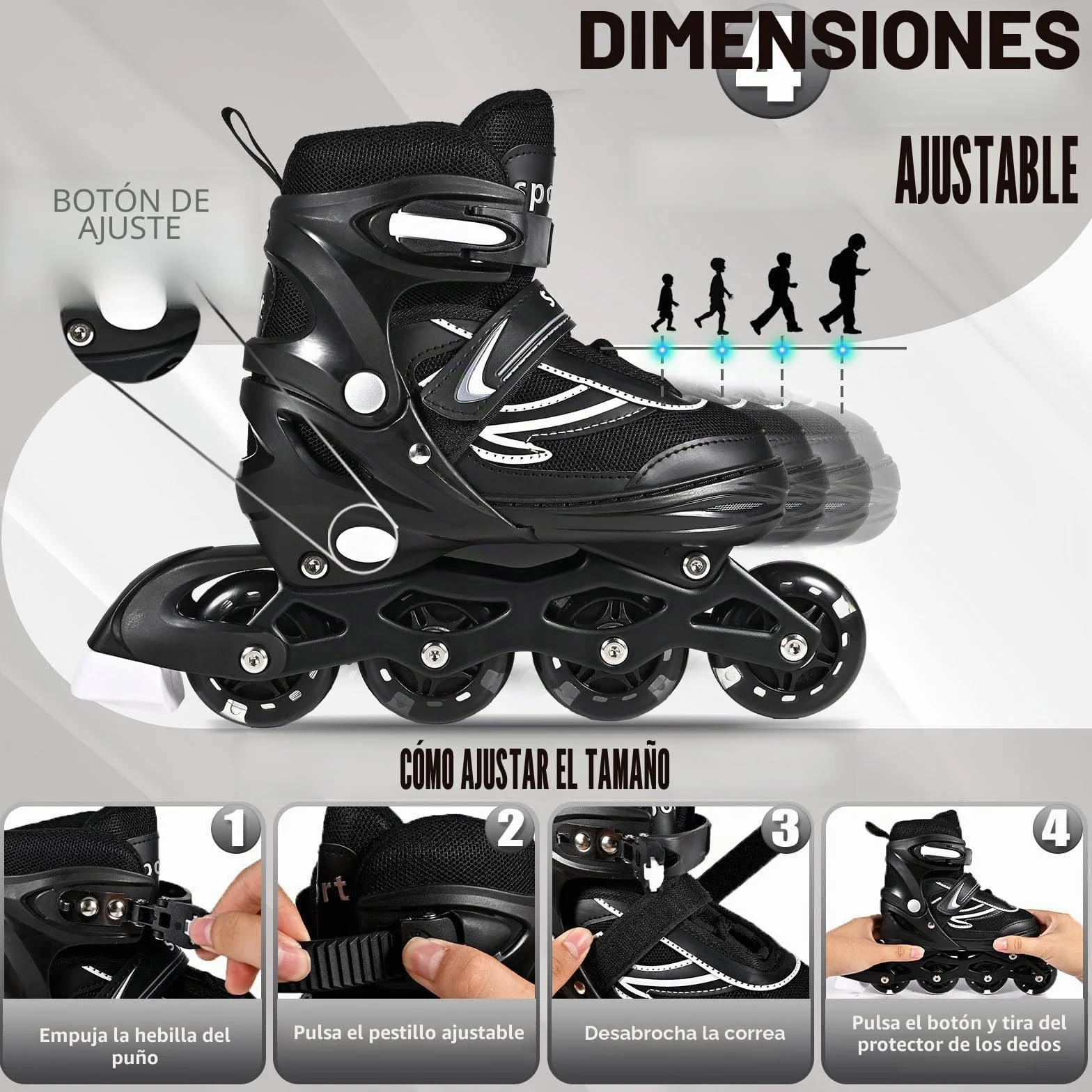 Patines en línea Ajustables para Niños y Niñas, Negro y Blanco, 4 Ruedas Luminosas para Adolescentes y Adultos