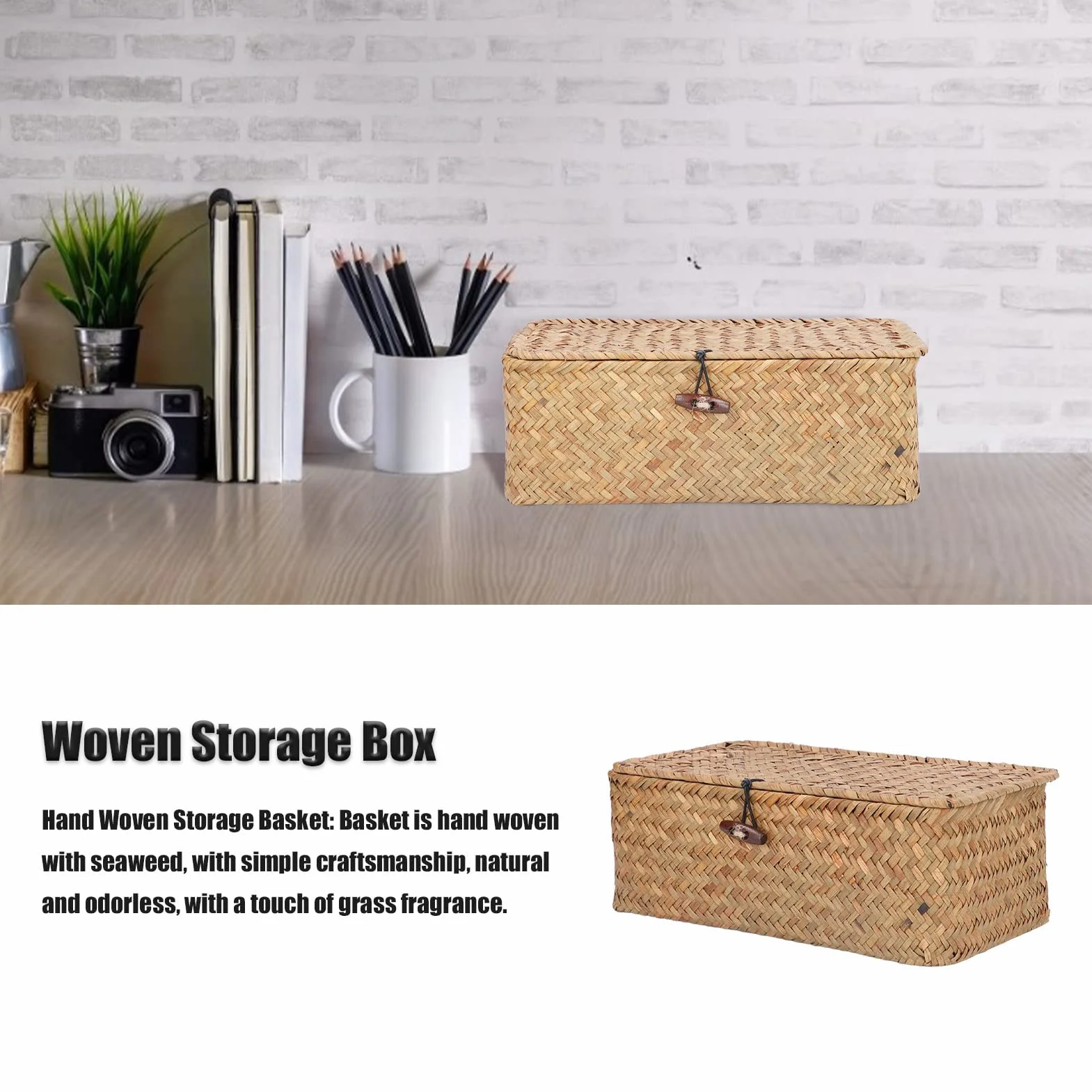 Cesta de Mimbre Grande con Tapa para Almacenamiento de Algas Marinas, Decorativa Natural