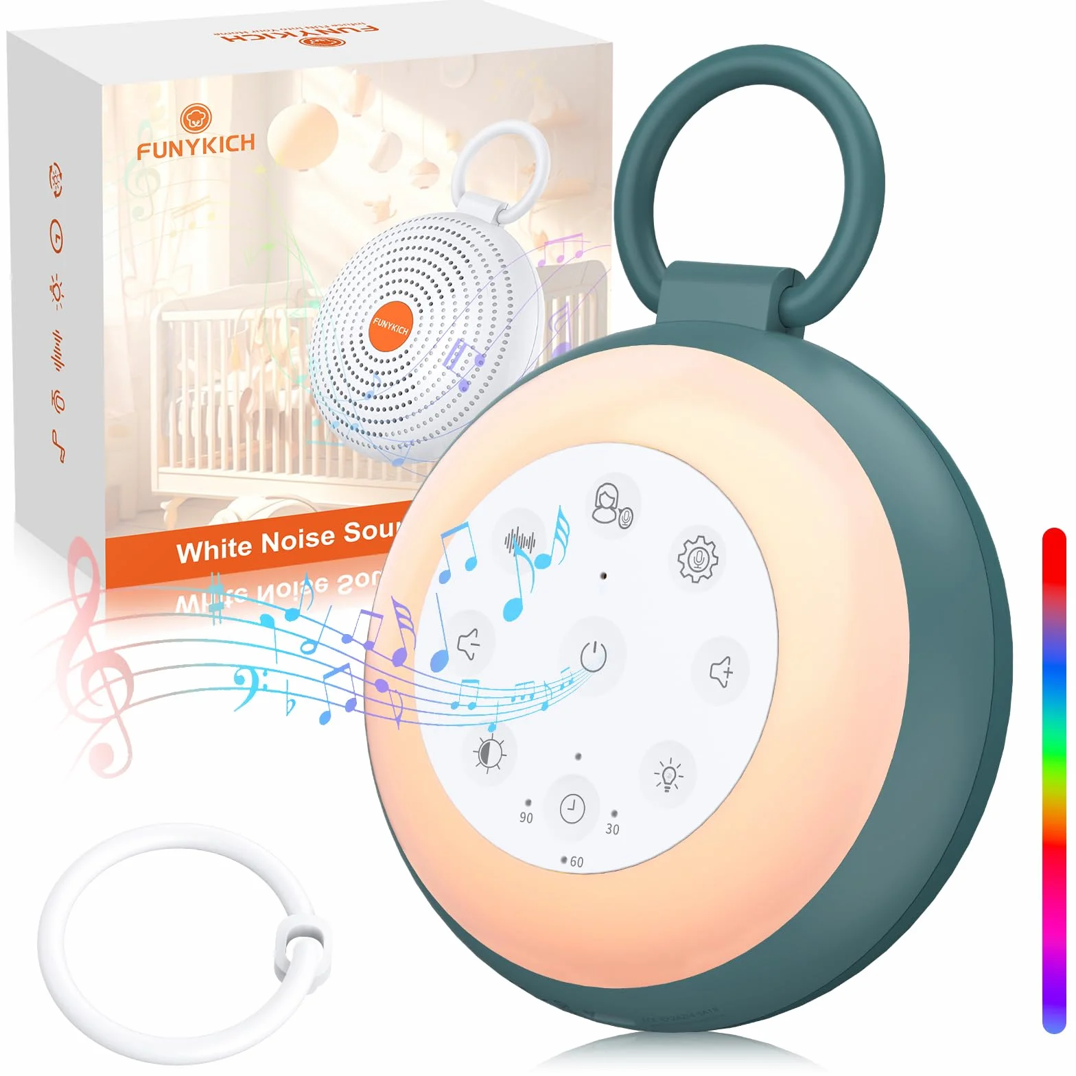 FUNYKICH Máquina de Ruido Blanco Portátil 24 Sonidos para Bebé con Memoria y Grabación Luz Nocturna Brillo Ajustable Batería Recargable
