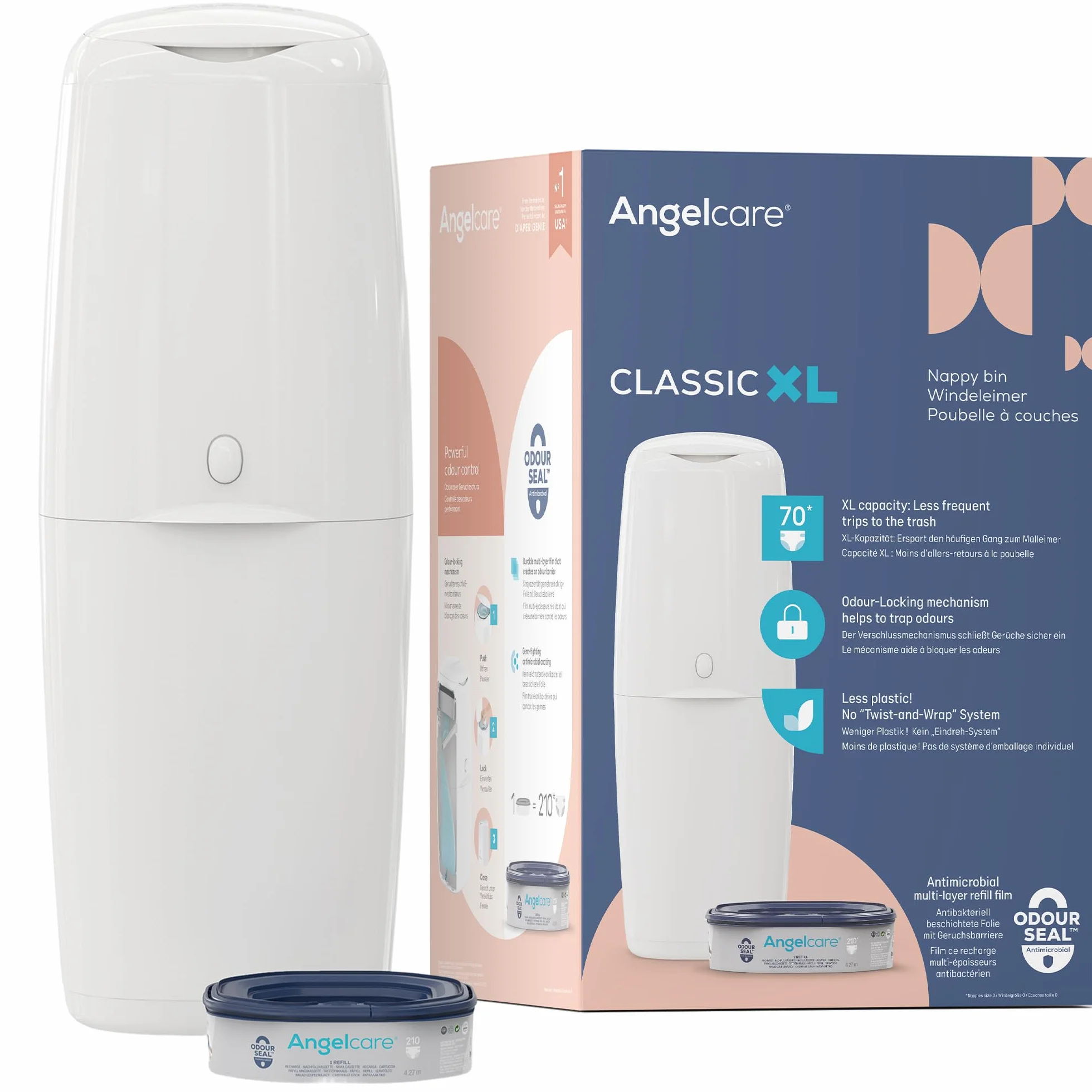 Angelcare Cubo para pañales Classic XL repuesto octogonal alta capacidad resistente olores 210 pañales talla 1
