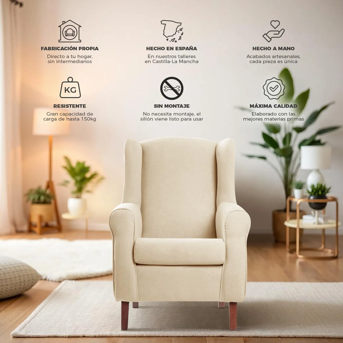 Sillon orejero Carla tapizado en Tela Antimanchas Color Mostaza (104 x 77 x 75 cm). Butaca de Salon o Dormitorio, para Leer, Ver la TV o para Lactancia