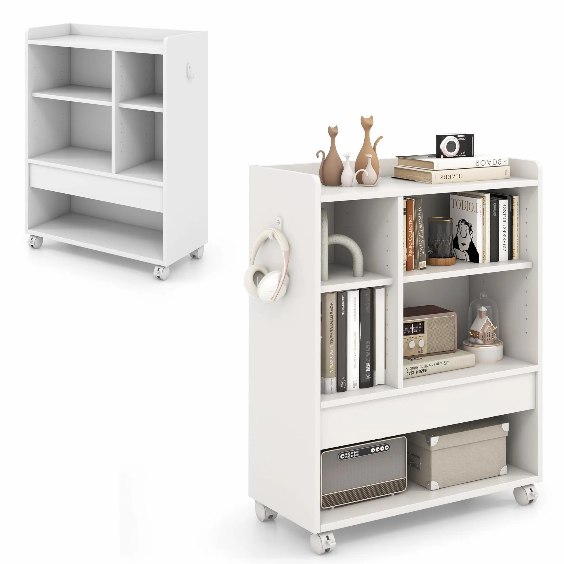 KOMFOTTEU Archivador Móvil con Ruedas, Soporte para Impresora con Cajón, Estantes Ajustables, Gancho, Mueble de Almacenamiento para Salón, Estudio, Oficina, 63,5 x 30 x 84,5 cm (Blanco)