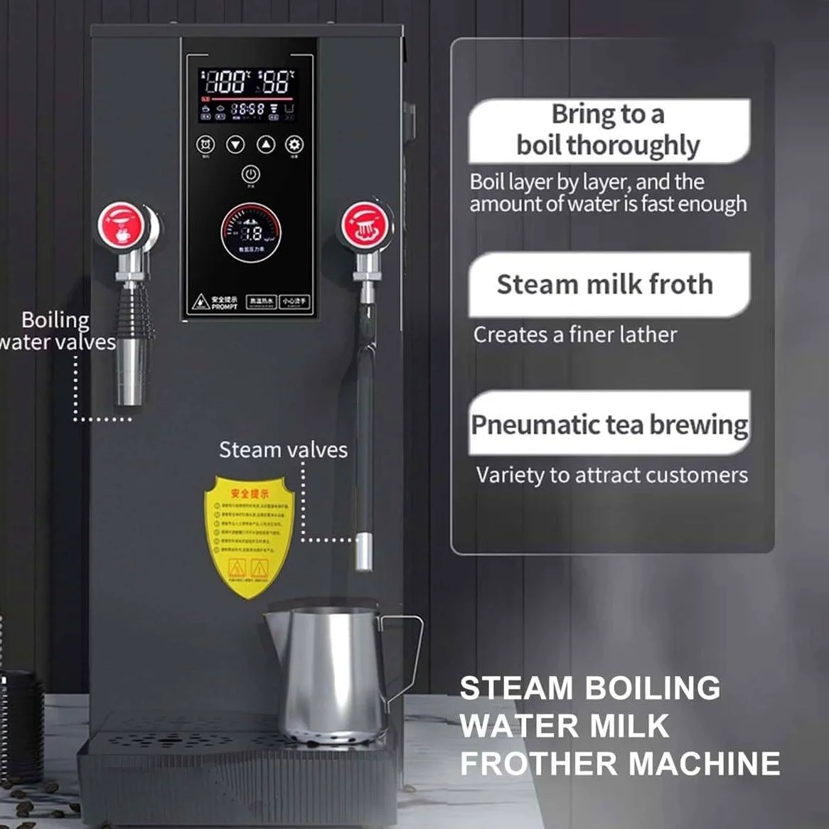 Espumador de leche comercial, hervidor de vapor de alta potencia de 2500 W con pantalla LED de temperatura, tanque interior de acero inoxidable, boquilla de liberación de presión profesional para