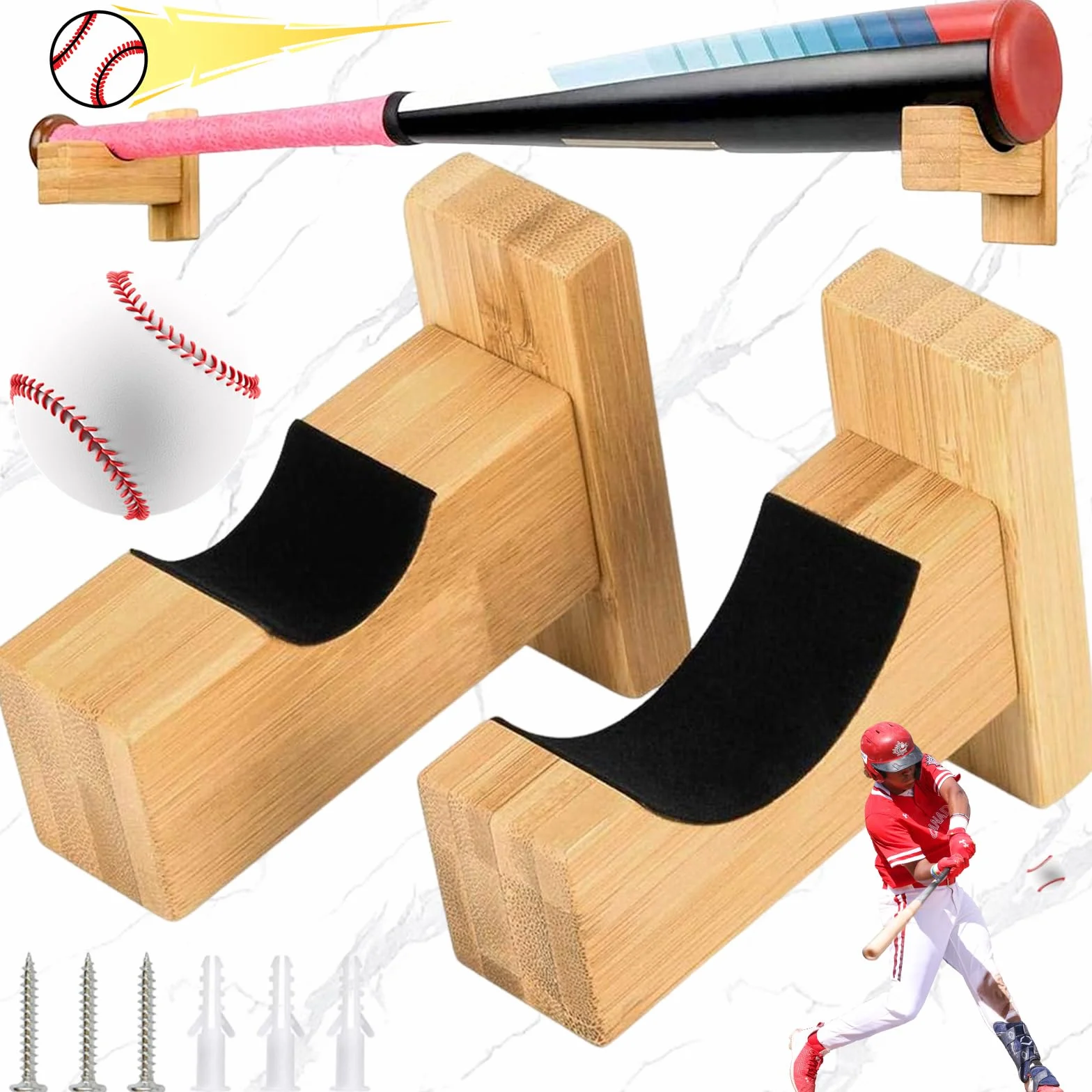 Soporte de Bate de Béisbol de Madera Maciza, Pantalla Horizontal, 2 Piezas, con Forro de Fieltro