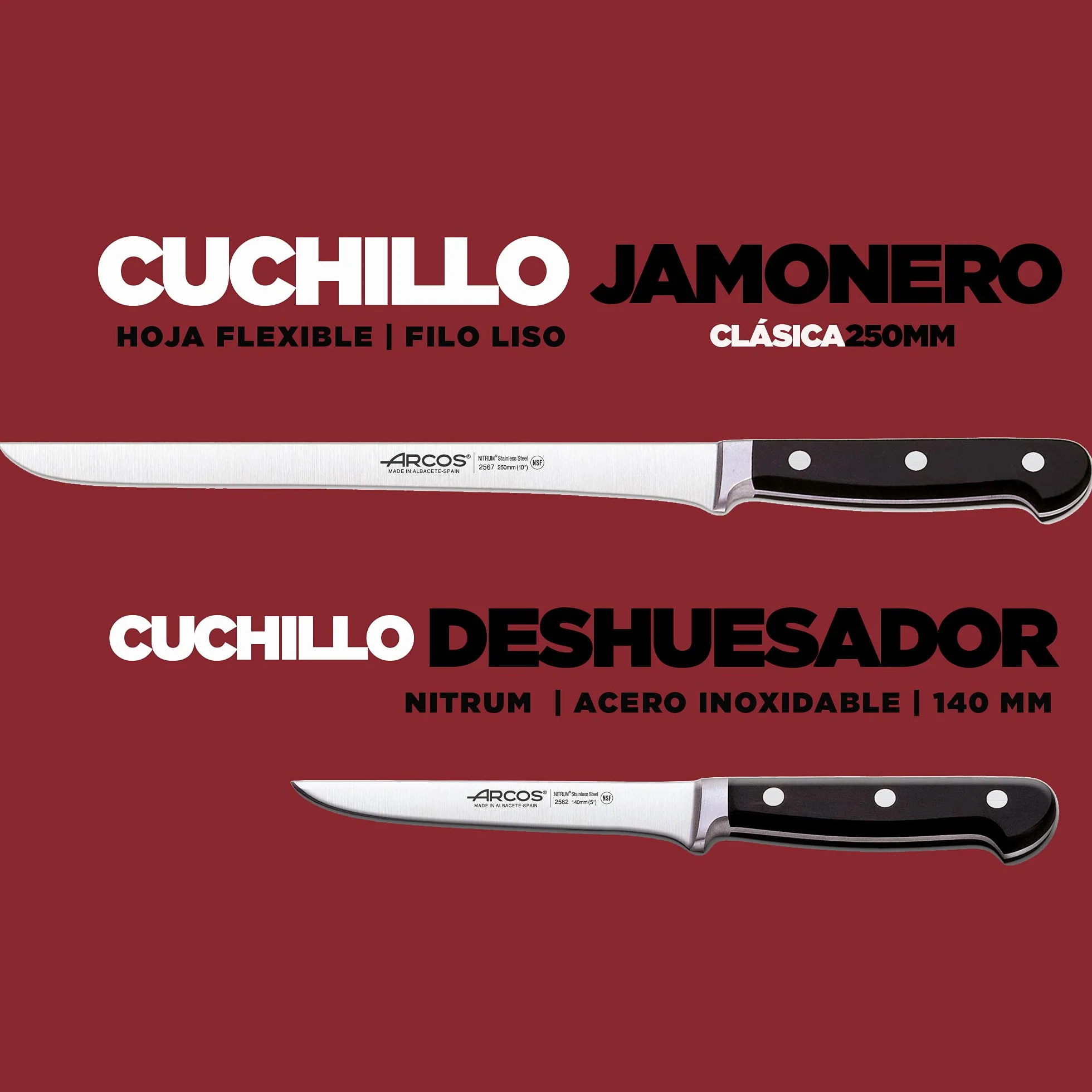 Arcos | Cuchillo Jamonero Cuchillo deshuesador | 2 Uds | Set cuchillos jamoneros 250 mm y cuchillo deshuesador (140 mm) jamonero profesional | cuchillo carnicero profesional | Eco