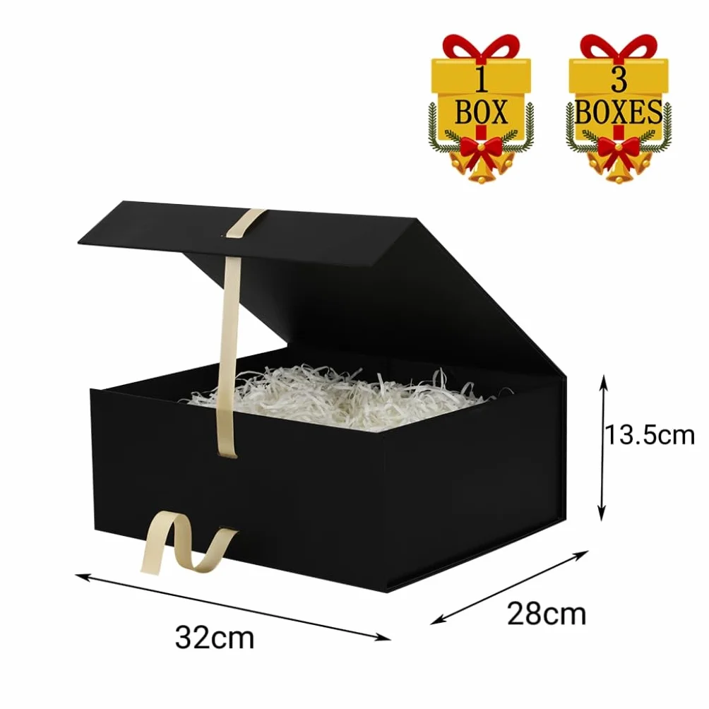 Caja de regalo grande Negro con tapa 32x28x13,5 cm, caja para regalo Empaque cumpleaños, caja de zapatos al por mayor, Navidad Incluye relleno de papel triturado, tarjeta de sobre y cinta