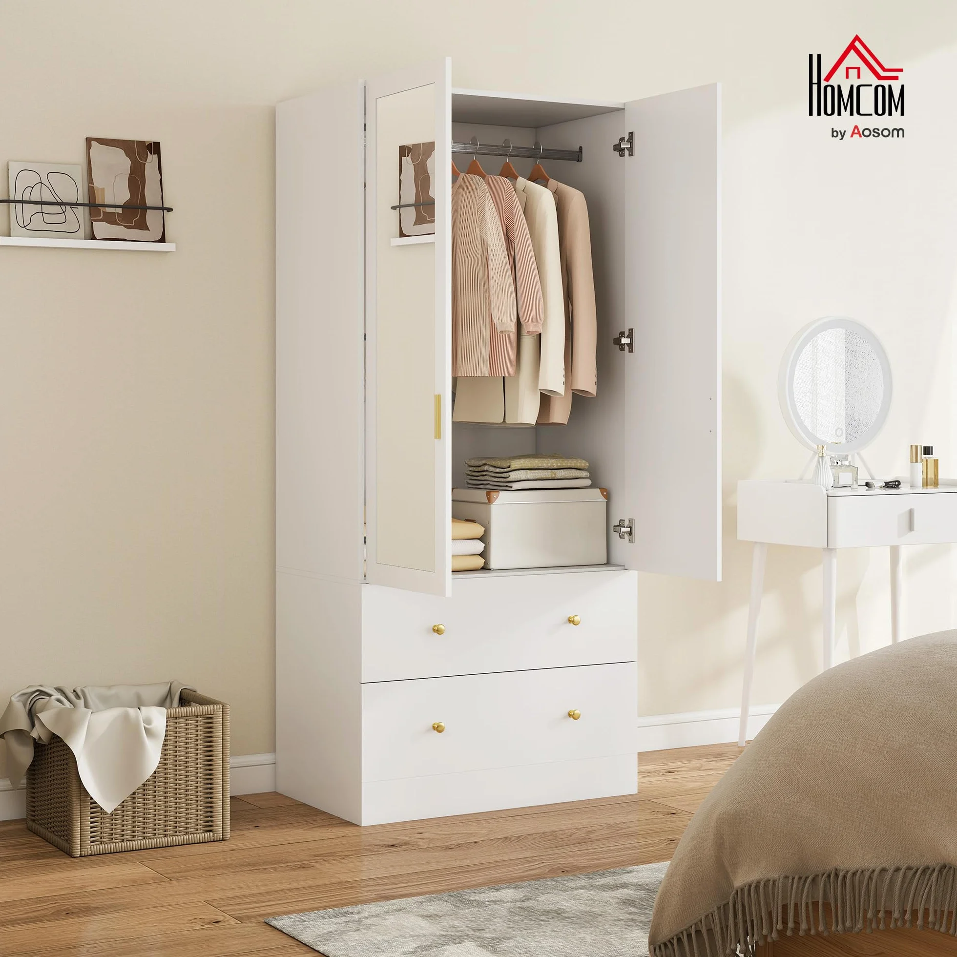 HOMCOM Armario Dormitorio 2 Puertas y 2 Cajones, Armario Ropero con Espejo, Barra para Colgar, Estilo Moderno, 80x50x180 cm, Blanco