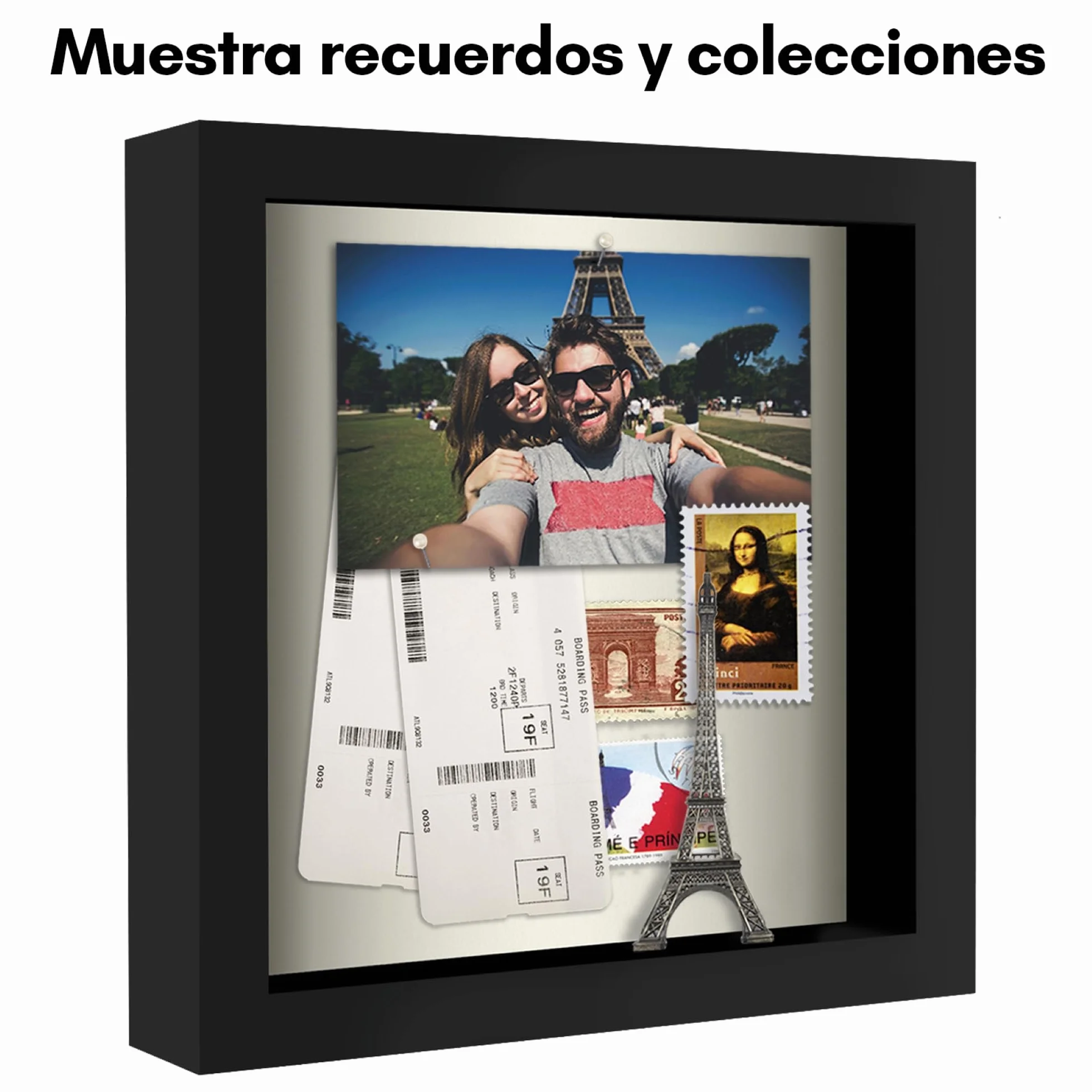 Americanflat 20x20 cm Marco con Profundidad - Pack de 2 - Negro Marco de Fotos de Madera con Cristal Irrompible, Parte Trasera de Lino Suave y Accesorios para Colgar