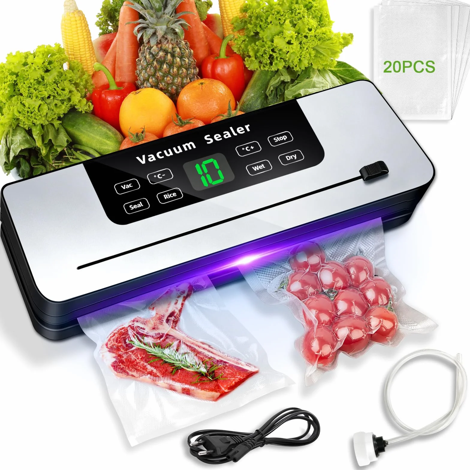 7 in 1 Maquina vacio alimentos, Automático seco que mojado envasadora al vacio, Embasadoras vacio alimentos domestica con Cuchillo de corte, Vacuum Sealer con Tubo de Vacío con 20 bolsas envasar
