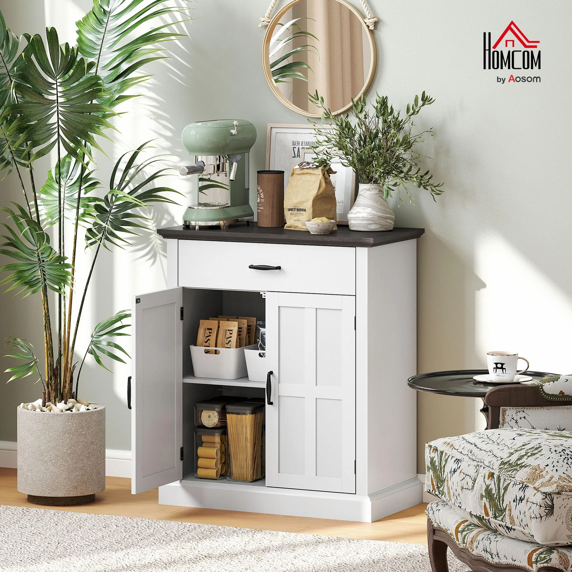 HOMCOM Aparador de 2 Puertas Aparador para Salón Rústico con 1 Cajón Estante Ajustable para Comedor Entrada Blanco 75,2x40x91,5 cm