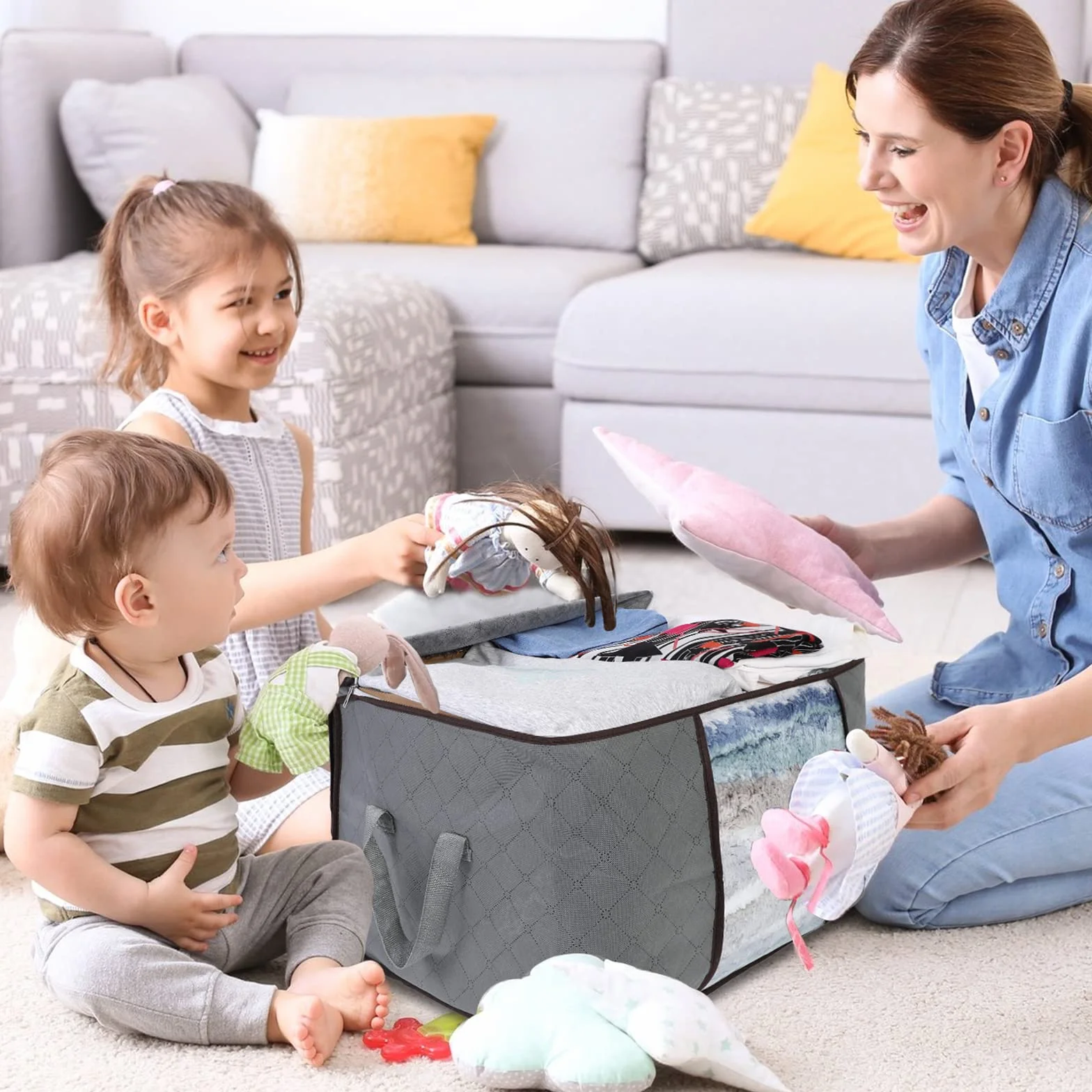 AiQInu Cajas Almacenaje Ropa, 2PCS 90L Plegable Bolsa Almacenamiento de Ropa de Gran Capacidad, Bolsas para Guardar Ropa con asa reforzada para Edredones, Ropa de Cama, 60x44x35CM