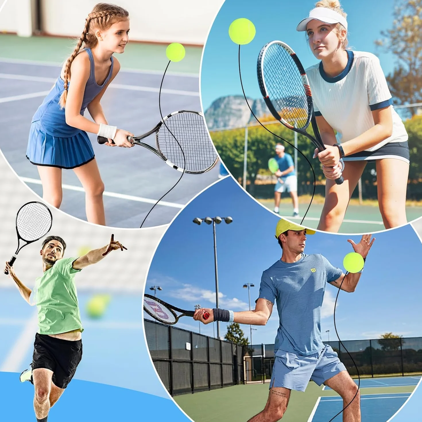 Byffoer Juego de entrenador de tenis, tabla de base con 2 pelotas de rebote, banda de goma, pelota de entrenamiento, herramienta de entrenamiento de tenis, para adultos, niños, jugadores principiantes