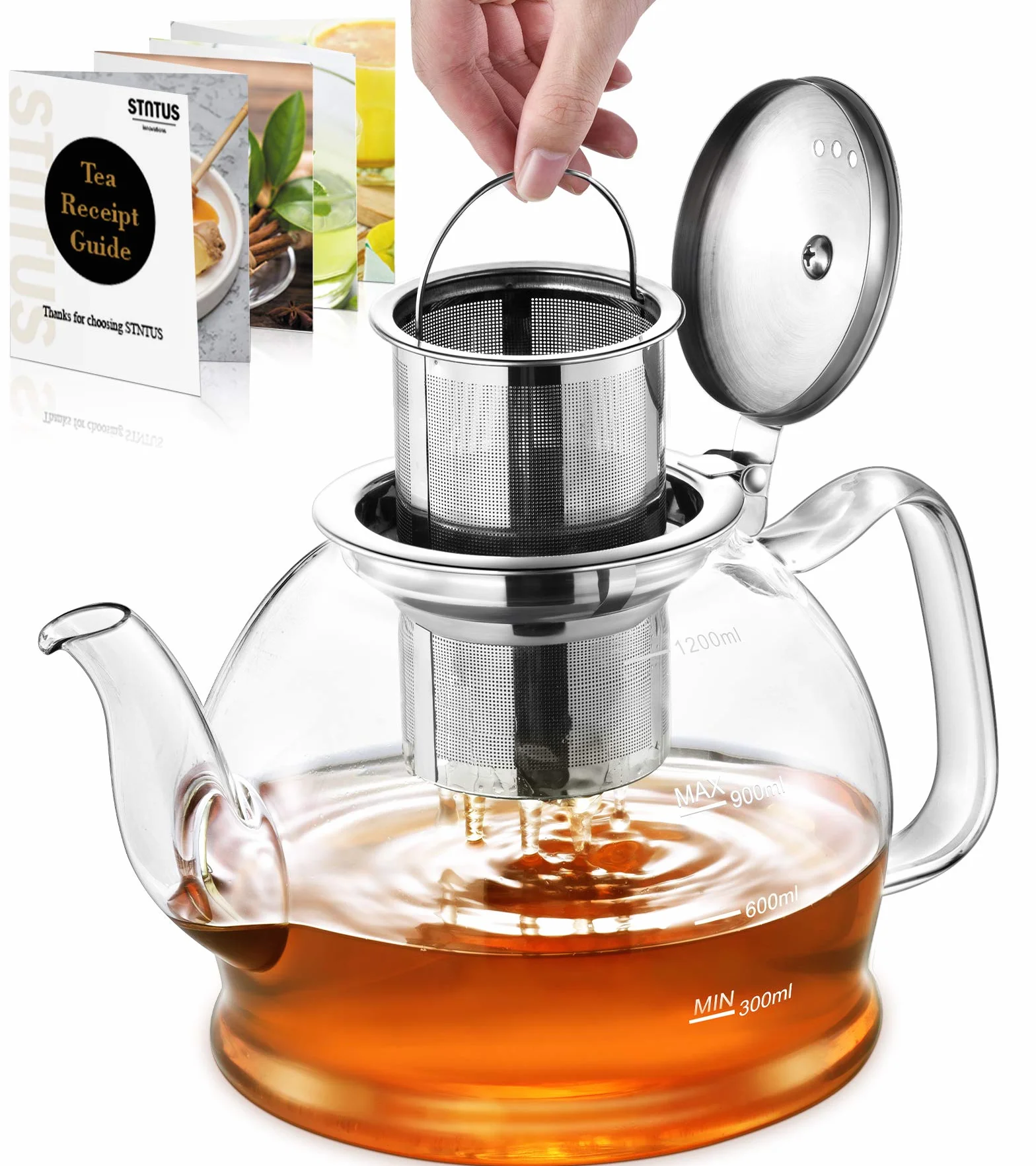 Tetera, STNTUS 1200ml Teteras de Cristal con Infusiones da Acero Inoxidable, Infusor de Te Tetera Vidrio para Estufa y Gas