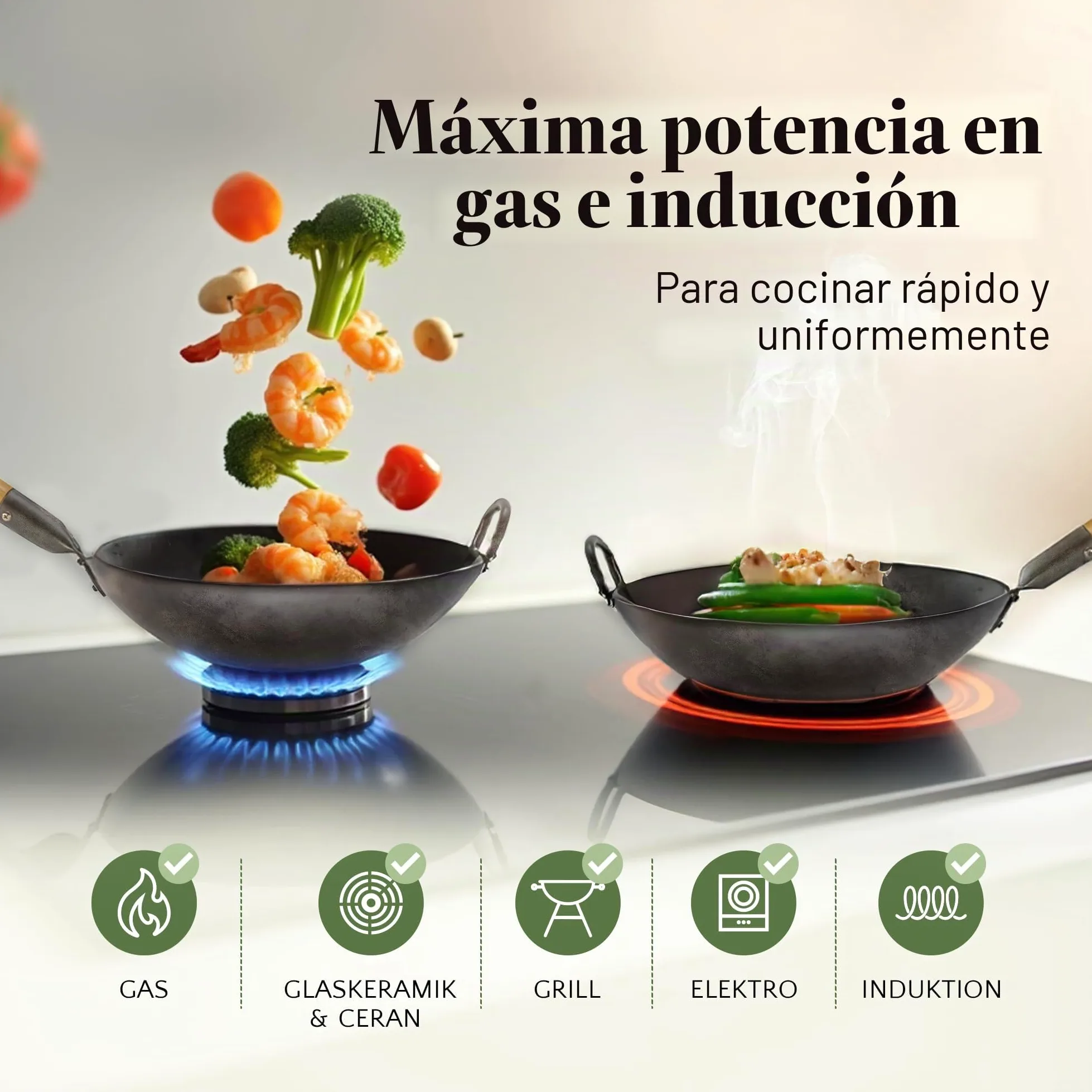 pasoli Wok con Base Plana para la Cocina (también de inducción) | 30 cm de diámetro | Tradicional de Acero al Carbono Martillado a Mano, Mango de Madera | Capa Antiadherente Natural
