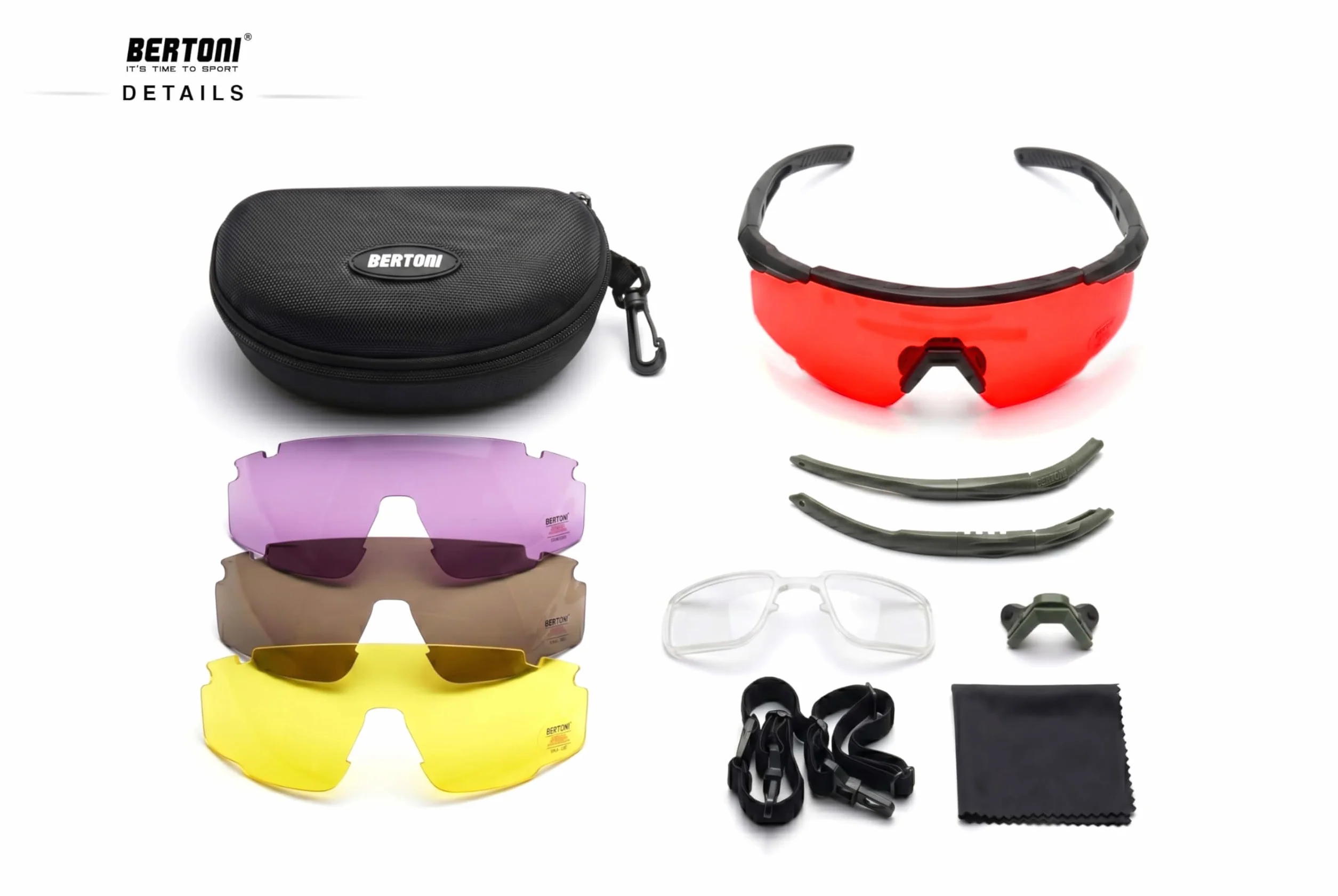 BERTONI Gafas de Tiro Protectoras Balistica Tacticas de Seguridad para Disparar con 4 Lentes Incluidas y Clip para Lentes Graduadas – SH890N SOS