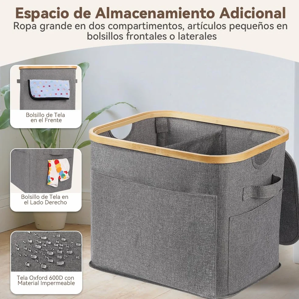OUSFOT Cesto Ropa Sucia con Tapa 70L, Cubo 2 Compartimentos, Laundry Basket Impermeable para Armario