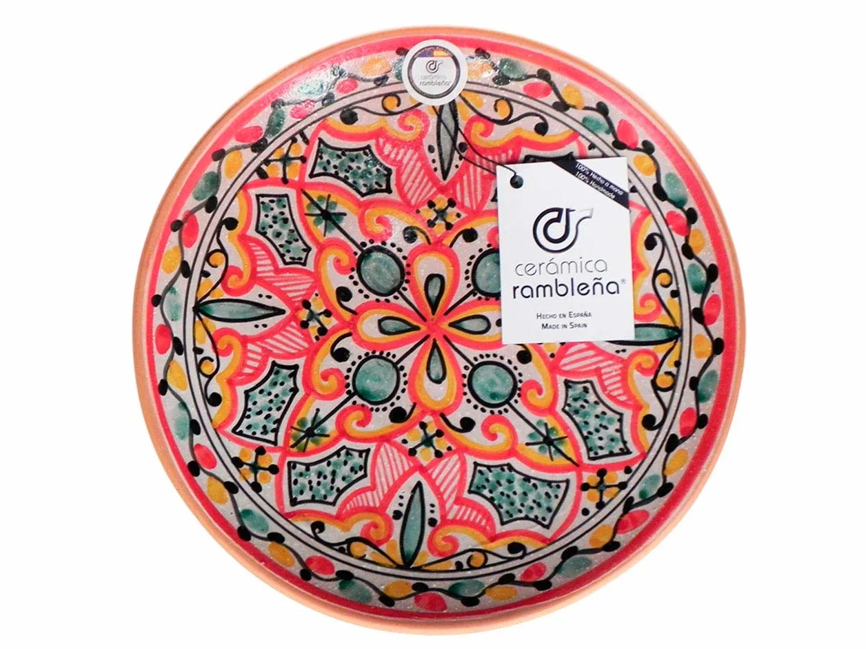 CERÁMICA RAMBLEÑA | Plato Decorativo para Colgar en Pared | Plato de cerámica | Rojo-Verde-Negro | 100% Hecho a Mano | 27x27x4.5 cm