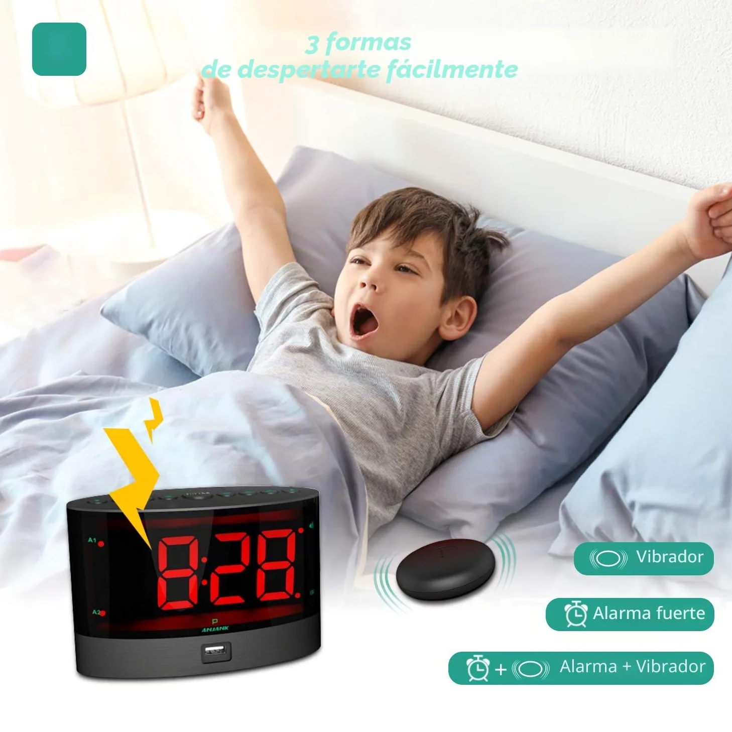 ANJANK Despertador Muy Fuerte con Vibración Inalámbrica, Doble Alarma para Dormilones Pesados, Sordos y con Problemas de Audición, Volumen Ajustable/Dimmer/Despertar Modo, Puerto de Carga USB