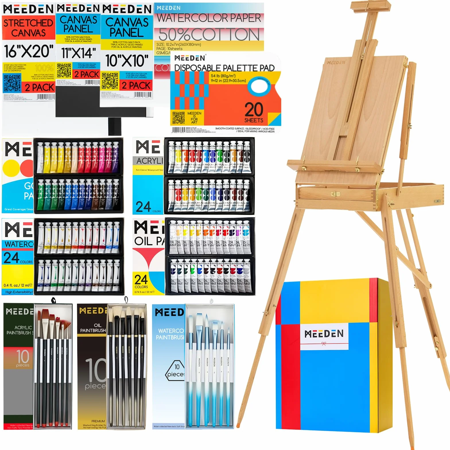 MEEDEN 149pcs conjunto de pintura de caballete francés, conjunto de pintura integrado, conjunto de pintura de acuarela de aceite acrílico y pincel, suministros de pintura de arte para adultos